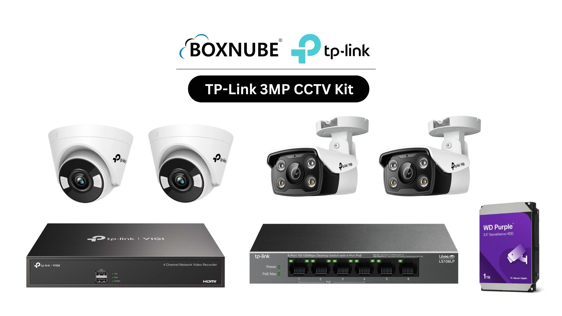 TP-Link VIGI 3MP Full HD 4 Camera Kit Bundle | 2 x VIGI C330, 2 x VIGI C430, 1 x 4 Channel NVR, 1 x 4 Port PoE Switch | Ideal for homes, shops