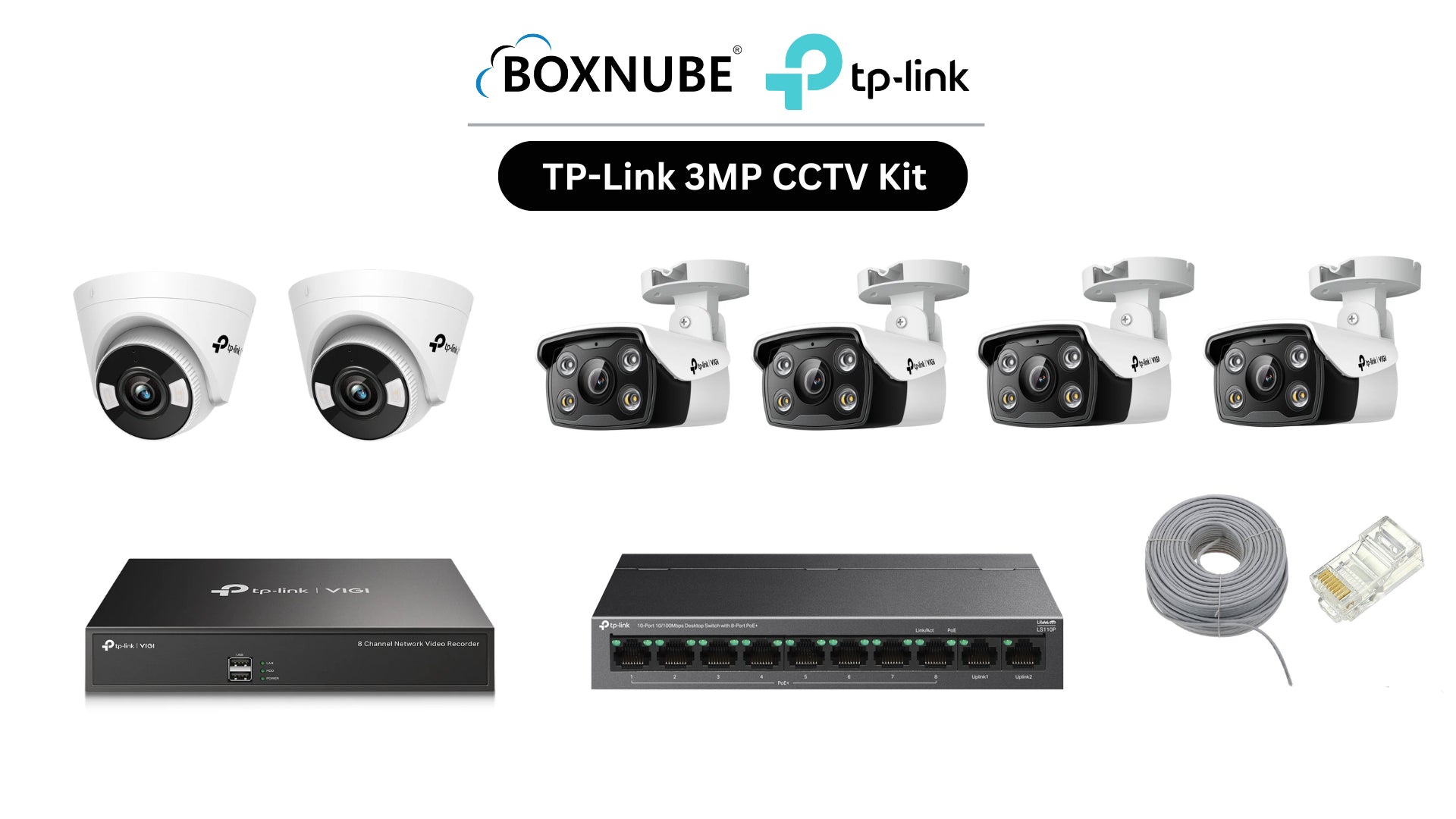 TP-Link VIGI 3MP Full HD 6 Camera Kit Bundle | 4 x VIGI C330, 2 x VIGI C430, 8 Channel NVR, 8 Port PoE Switch with 100M CAT6 Cable & RJ45 Connectors