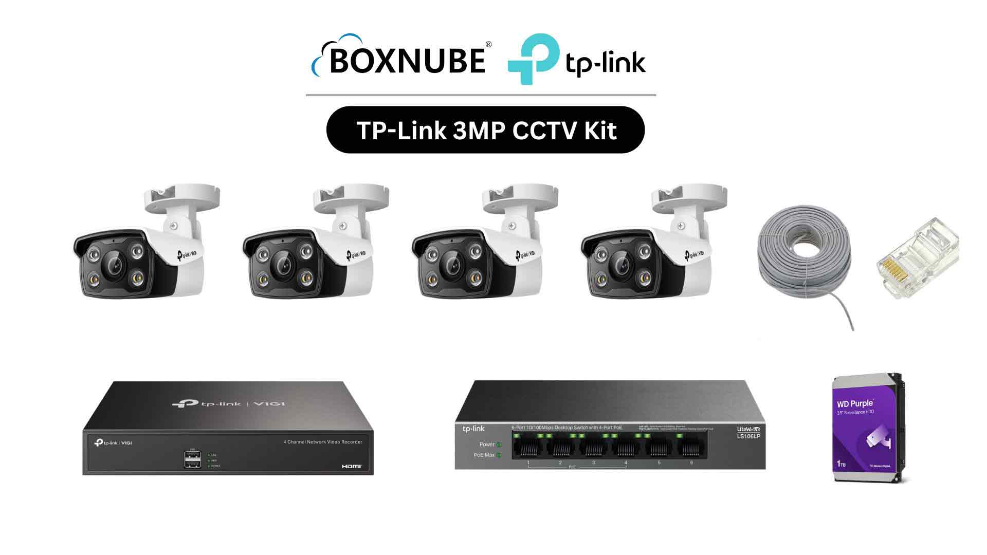 TP-Link VIGI 3MP Full HD 4 Camera Kit Bundle | 4 x VIGI C330, 1 x 4 Channel NVR, 1 x 4+2 Port PoE Switch with 100M CAT6 Cable, RJ45 Connectors