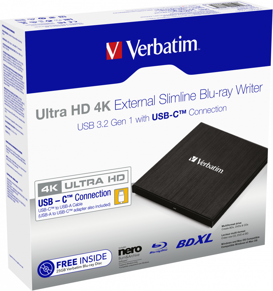 Verbatim Ultra HD 4K USB External Blu-Ray Writer for M-Disc, Blu-ray, DVD, CD | USB Powered Writer Model 43888