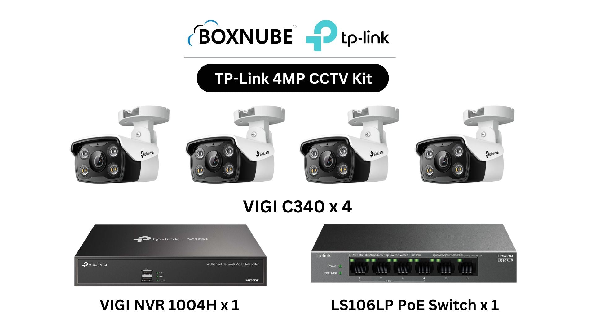TP-Link VIGI 4MP Full HD 4 Camera Kit Bundle | 4 x VIGI C340, 1 x 4 Channel NVR, 1 x 4+2 Port PoE Switch | Ideal for homes, shops & small offices