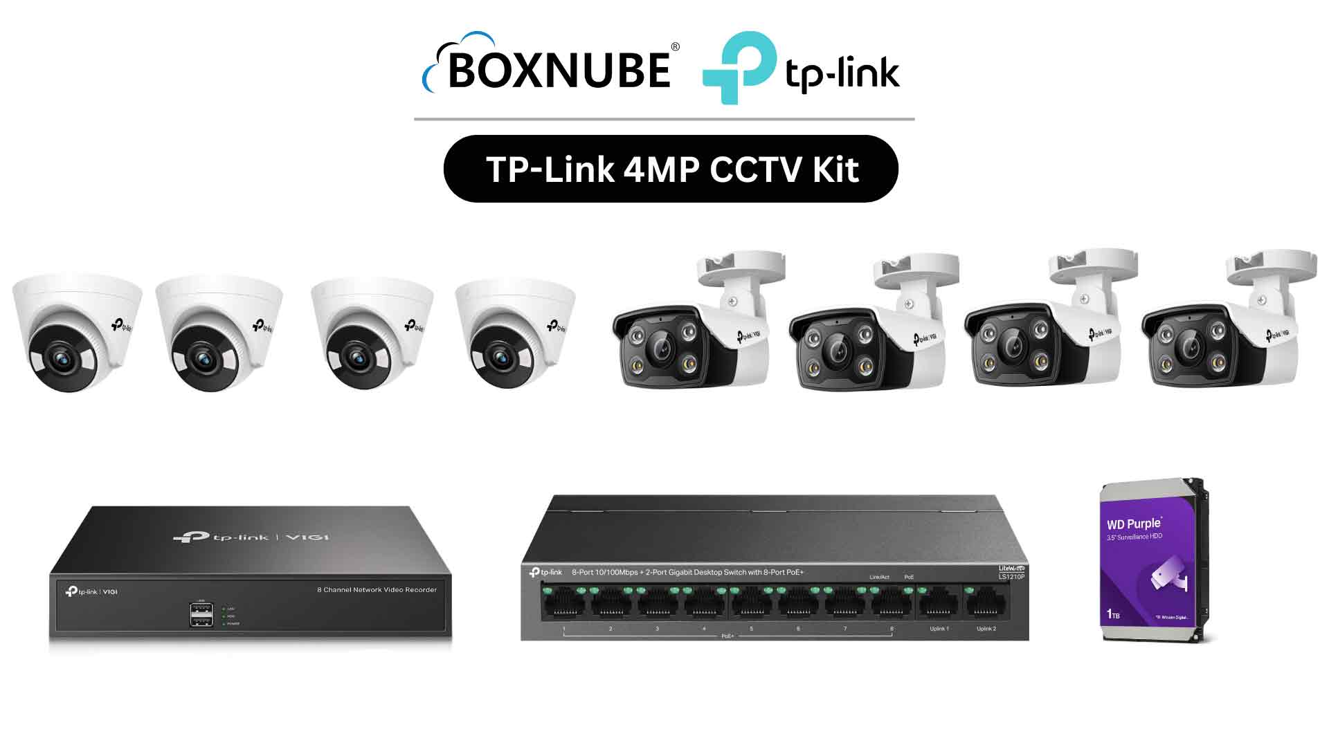 TP-Link VIGI 4MP Full HD 2-Way Audio 8 Camera Kit Bundle | 4 x VIGI C340 Bullet, 4 x VIGI C440 Turret, 8 Channel NVR, 8 Port PoE+ Switch
