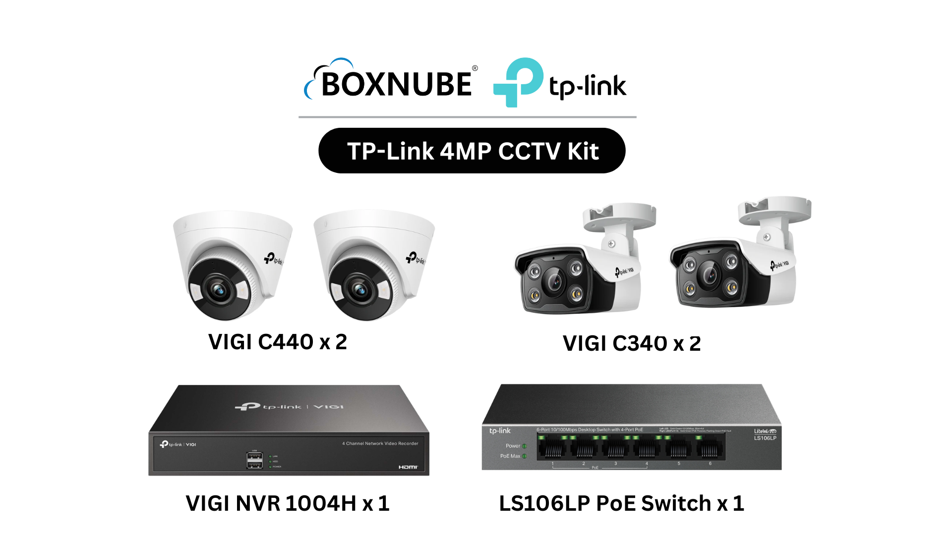 TP-Link VIGI 4MP Full HD 4 Camera Kit Bundle | 2 x VIGI C340, 2 x VIGI C440, 1 x 4 Channel NVR, 1 x 4 Port PoE Switch | Ideal for homes, shops & small offices