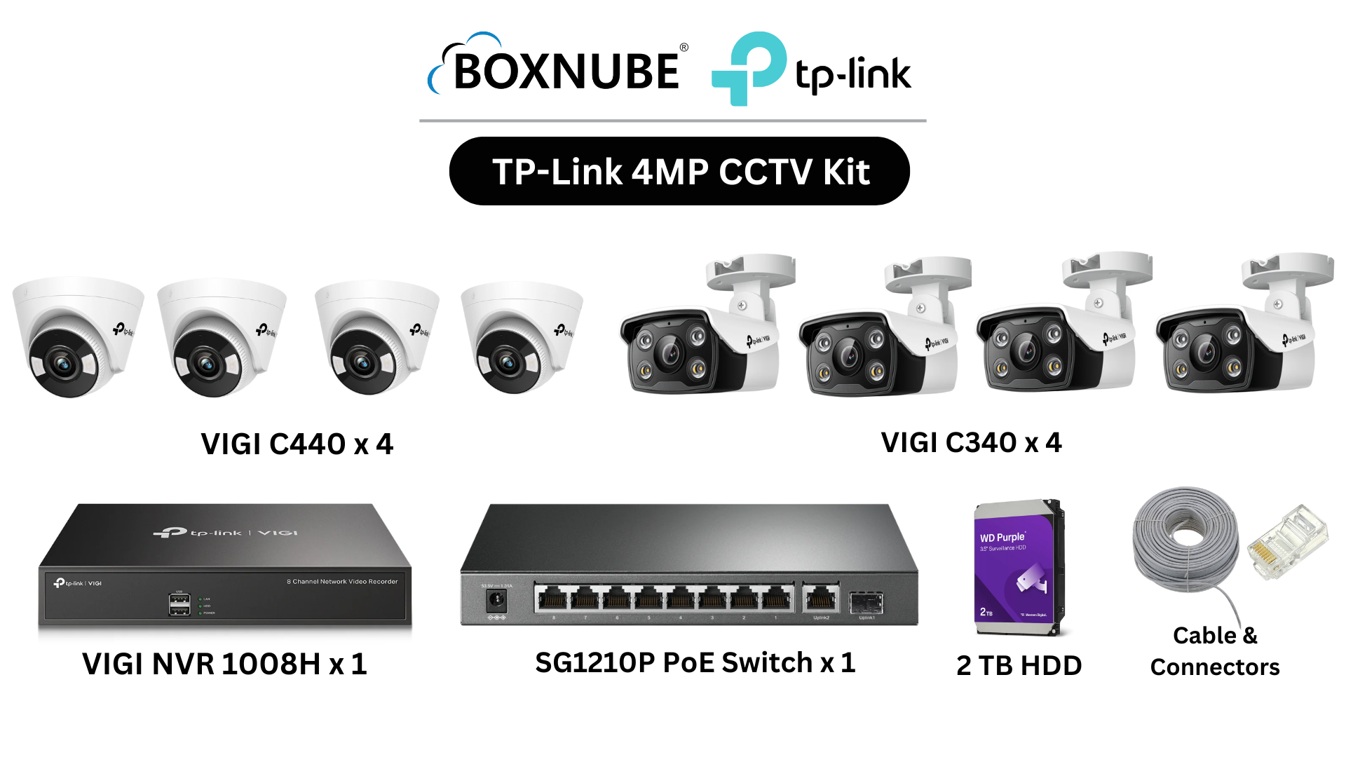 TP-Link VIGI 4MP 8 Camera Kit Bundle 4 x VIGI C340 Bullet 4 x VIGI C440 Turret, 8 Channel NVR, 8 Port PoE Gigabit Switch, 100M CAT6 Cable, RJ45 Plug