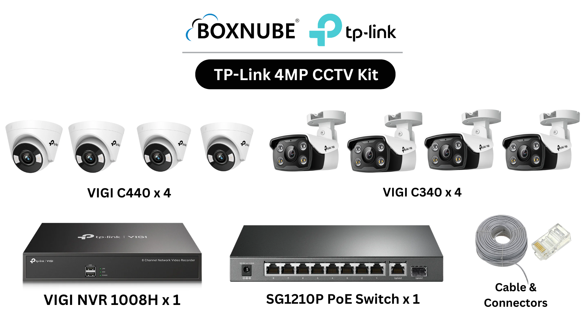 TP-Link VIGI 4MP 8 Camera Kit Bundle 4 x VIGI C340 Bullet 4 x VIGI C440 Turret, 8 Channel NVR, 8 Port PoE Gigabit Switch, 100M CAT6 Cable, RJ45 Plug