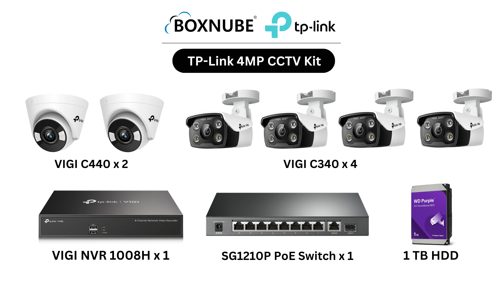 TP-Link VIGI 4MP Full HD 2-Way Audio 6 Camera Kit Bundle | 4 x VIGI C340 Bullet, 2 x VIGI C440 Turret, 8 Channel NVR, 8 Port PoE Gigabit Switch