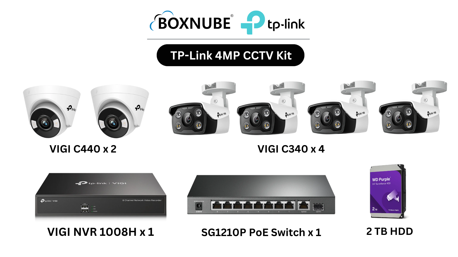 TP-Link VIGI 4MP Full HD 2-Way Audio 6 Camera Kit Bundle | 4 x VIGI C340 Bullet, 2 x VIGI C440 Turret, 8 Channel NVR, 8 Port PoE Gigabit Switch