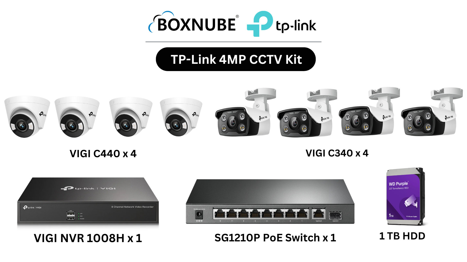 TP-Link VIGI 4MP Full HD 2-Way Audio 8 Camera Kit Bundle | 4 x VIGI C340 Bullet, 4 x VIGI C440 Turret, 8 Channel NVR, 8 Port PoE Gigabit Switch