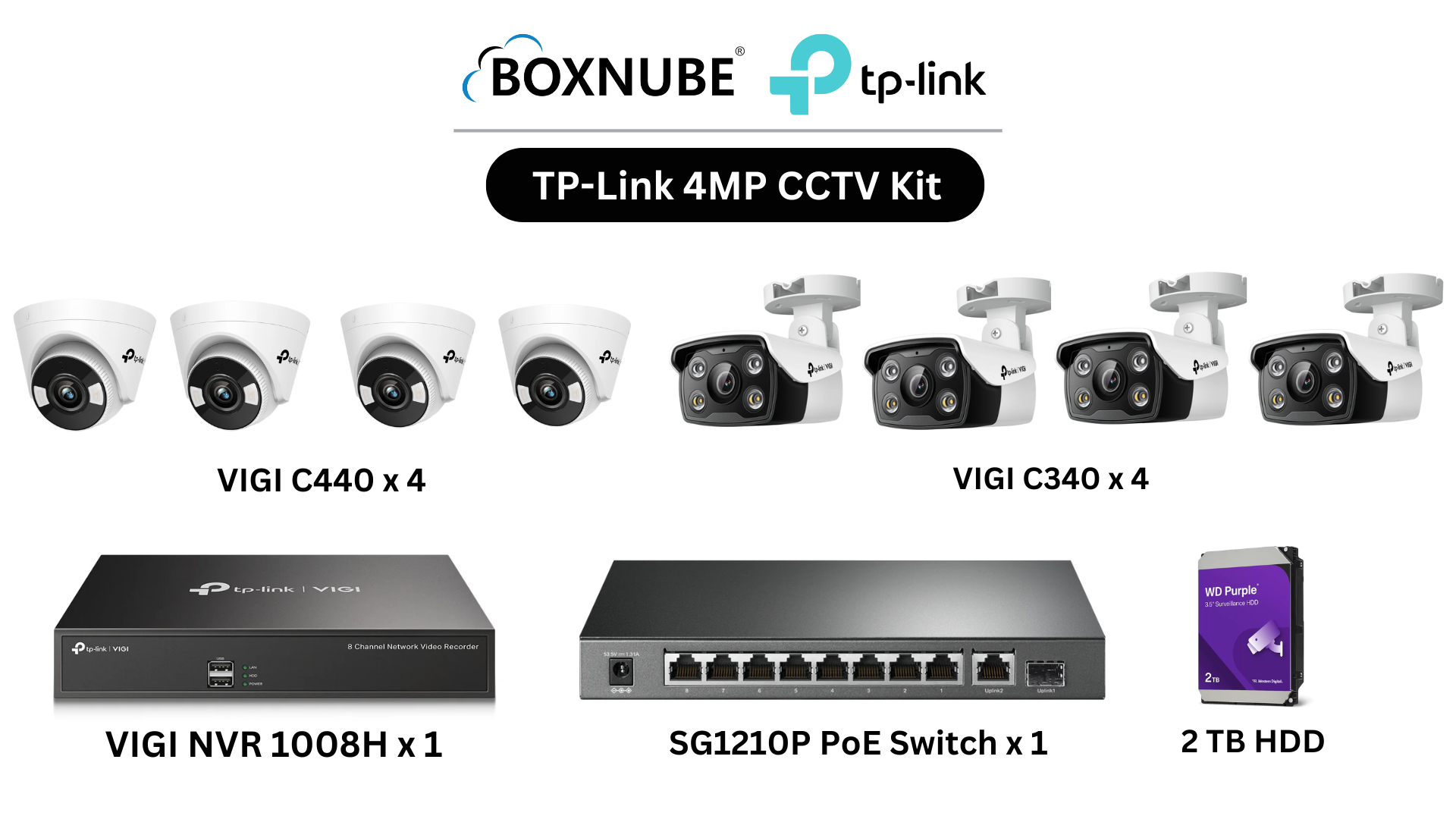 TP-Link VIGI 4MP Full HD 2-Way Audio 8 Camera Kit Bundle | 4 x VIGI C340 Bullet, 4 x VIGI C440 Turret, 8 Channel NVR, 8 Port PoE Gigabit Switch