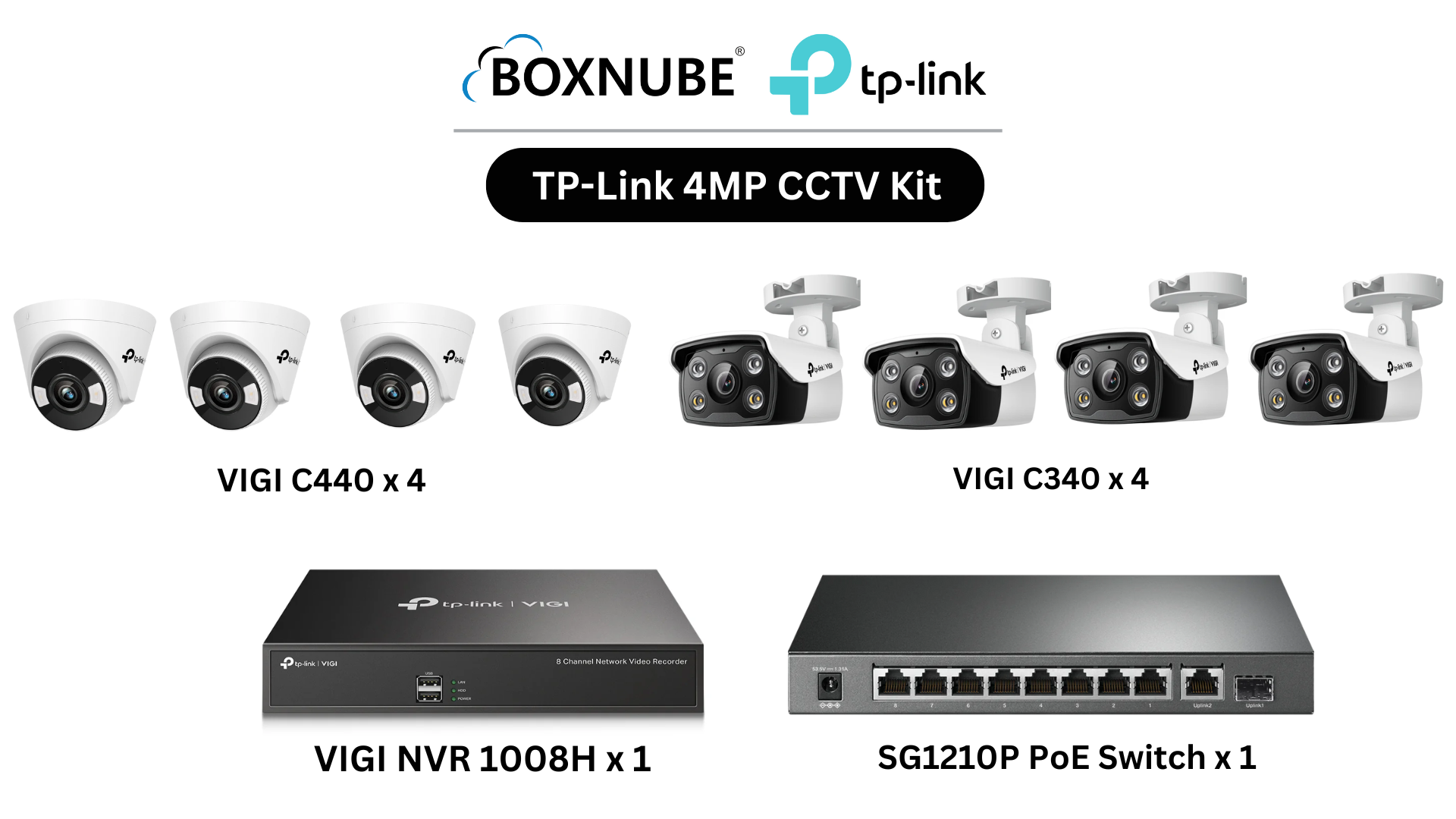 TP-Link VIGI 4MP Full HD 2-Way Audio 8 Camera Kit Bundle | 4 x VIGI C340 Bullet, 4 x VIGI C440 Turret, 8 Channel NVR, 8 Port PoE Gigabit Switch