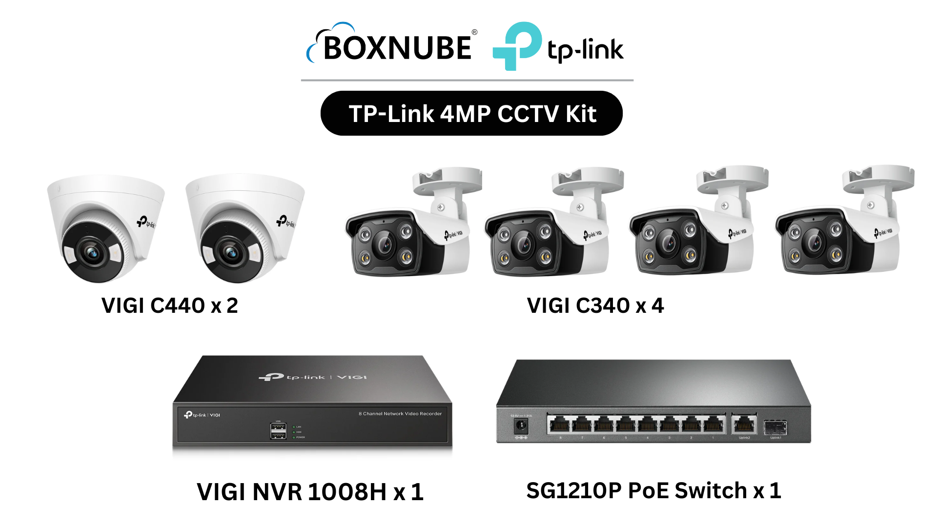 TP-Link VIGI 4MP Full HD 2-Way Audio 6 Camera Kit Bundle | 4 x VIGI C340 Bullet, 2 x VIGI C440 Turret, 8 Channel NVR, 8 Port PoE Gigabit Switch