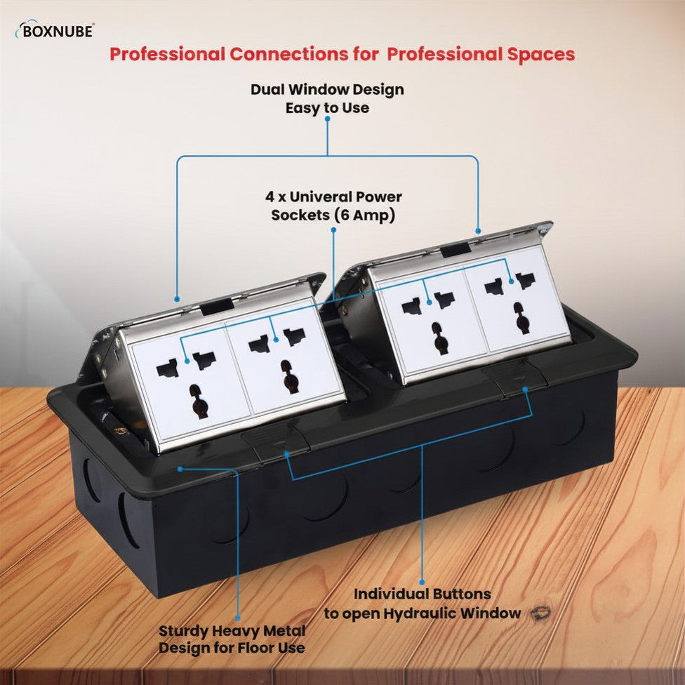 BOXNUBE 4 Module Dual-Window Floor Pop-Up Box with 4 Universal Power Sockets (6A) | Hydraulic Lift-Up Panels | Heavy Metal Design for Floors