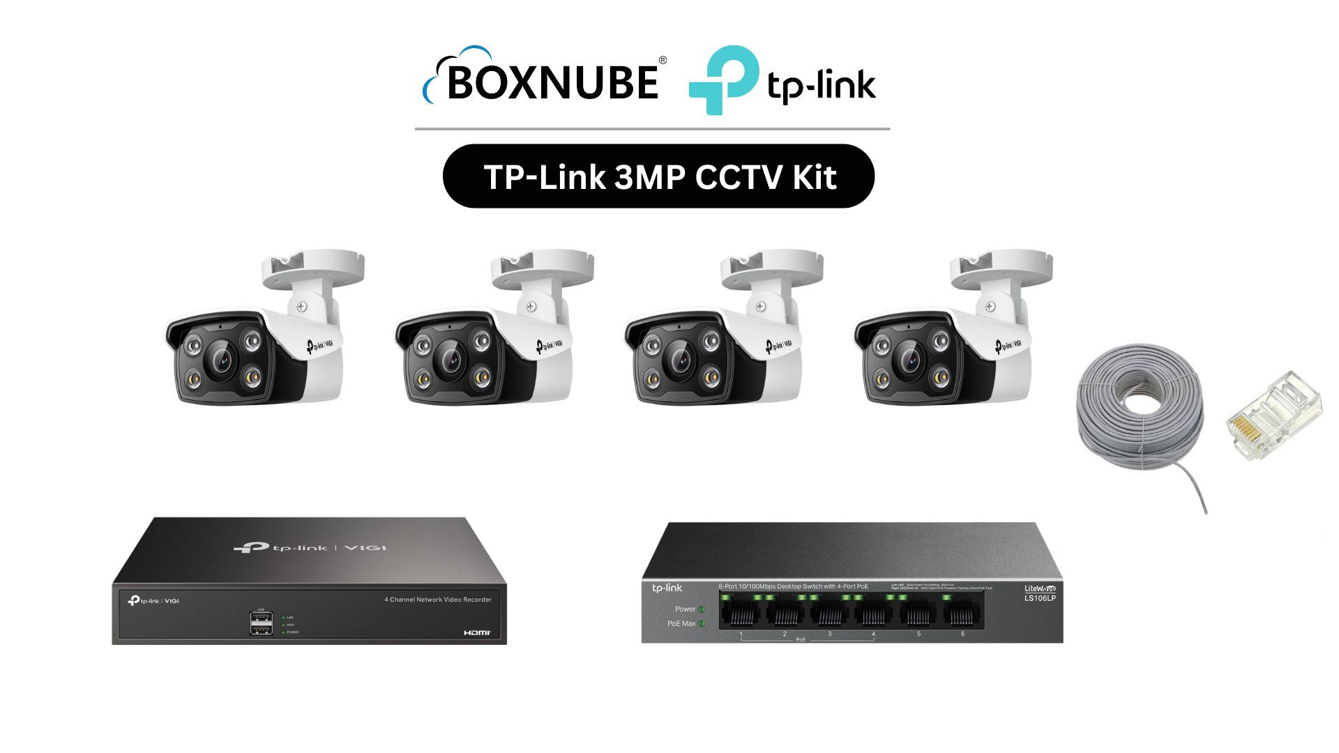 TP-Link VIGI 3MP Full HD 4 Camera Kit Bundle | 4 x VIGI C330, 1 x 4 Channel NVR, 1 x 4+2 Port PoE Switch with 100M CAT6 Cable, RJ45 Connectors