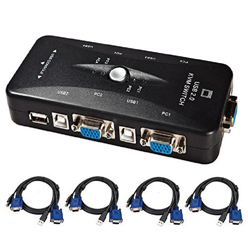 BOXNUBE 4 Port USB 2.0 KVM Switch Box with 4 KVM Cables to Control up to 4 Computers for Computer Sharing Video Mouse Keyboard Monitor