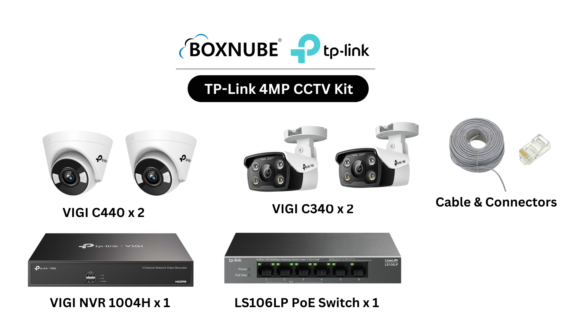 TP-Link VIGI 4MP Full HD 4 Camera Kit Bundle | 2 x VIGI C340 2 x VIGI C440 1 x 4 Channel NVR, 1 x 4 Port PoE Switch, 100M CAT6 Cable & RJ45 Connector