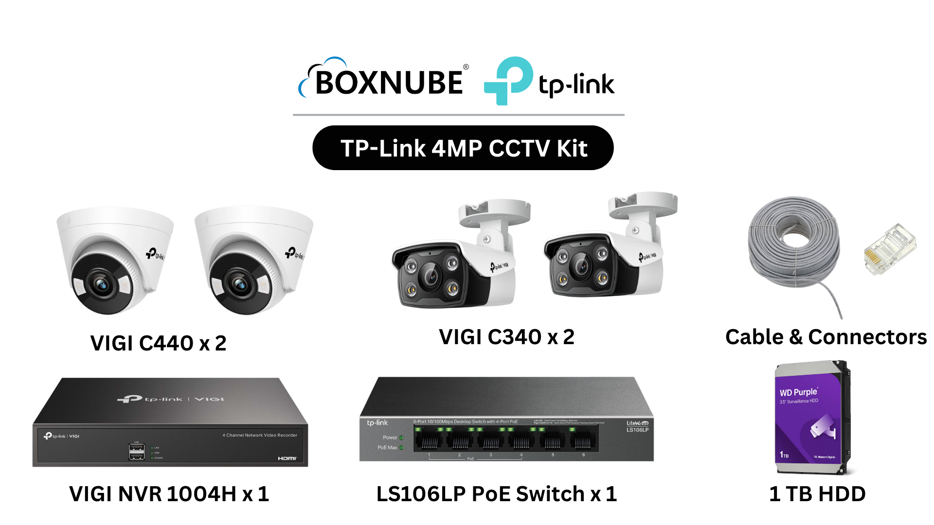 TP-Link VIGI 4MP Full HD 4 Camera Kit Bundle | 2 x VIGI C340 2 x VIGI C440 1 x 4 Channel NVR, 1 x 4 Port PoE Switch, 100M CAT6 Cable & RJ45 Connector