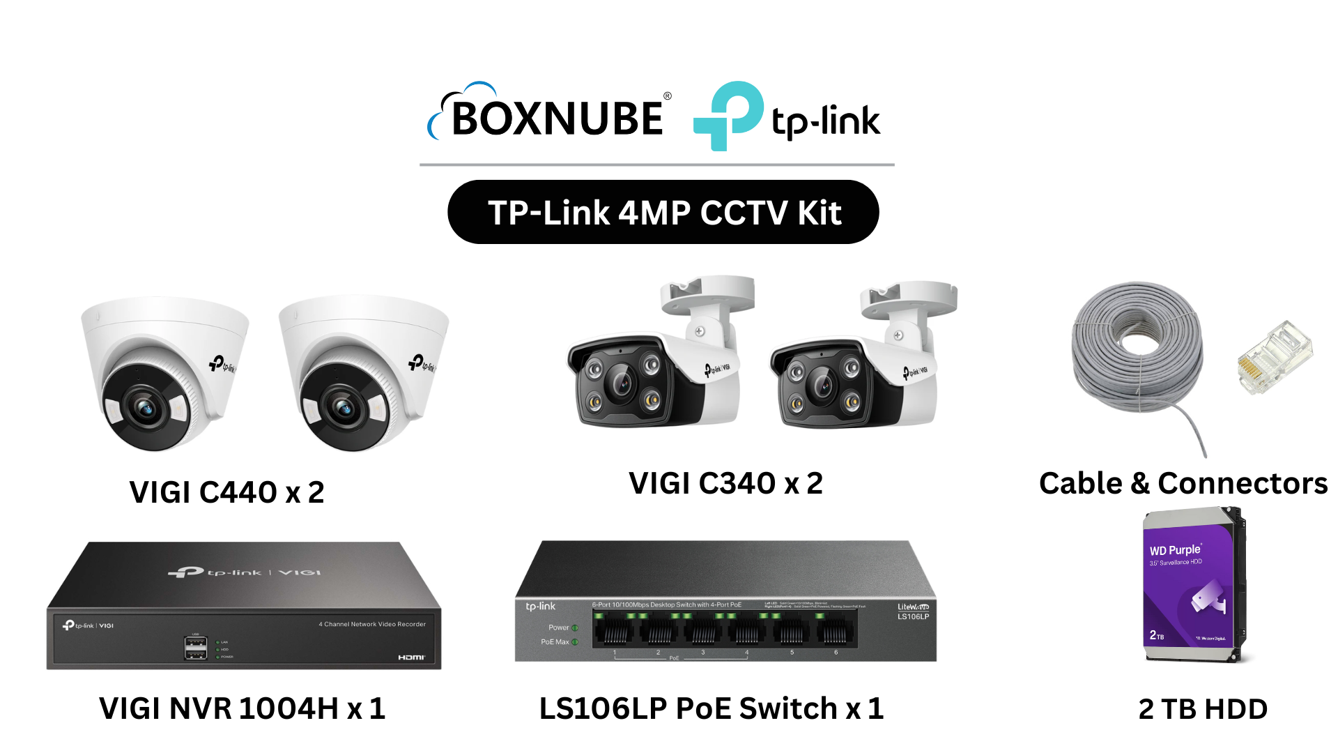 TP-Link VIGI 4MP Full HD 4 Camera Kit Bundle | 2 x VIGI C340 2 x VIGI C440 1 x 4 Channel NVR, 1 x 4 Port PoE Switch, 100M CAT6 Cable & RJ45 Connector