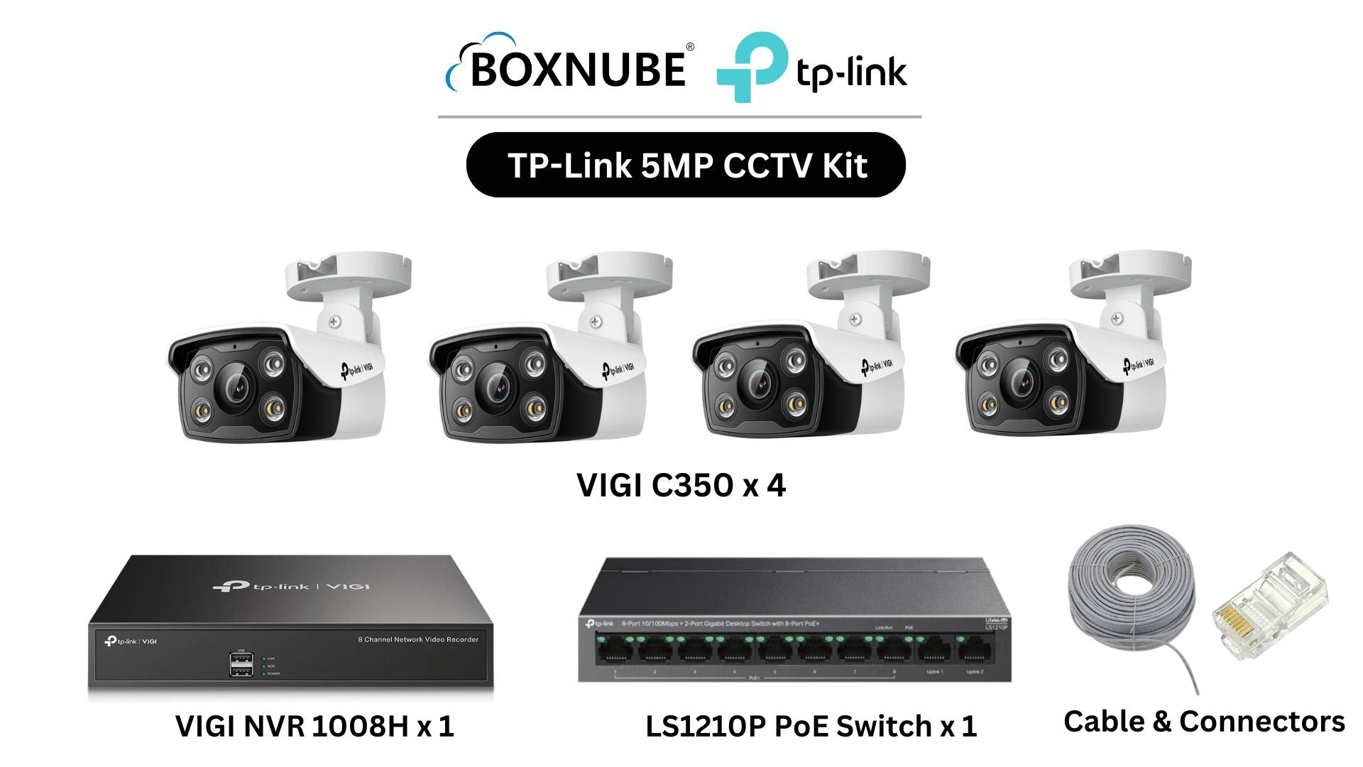 TP-Link VIGI 5MP Outdoor 4 Camera Kit Bundle | 4 x VIGI C350, 1 x 8 Channel NVR, 1 x 8+2 Port PoE Switch with 100M CAT6 Cable, RJ45 Connectors