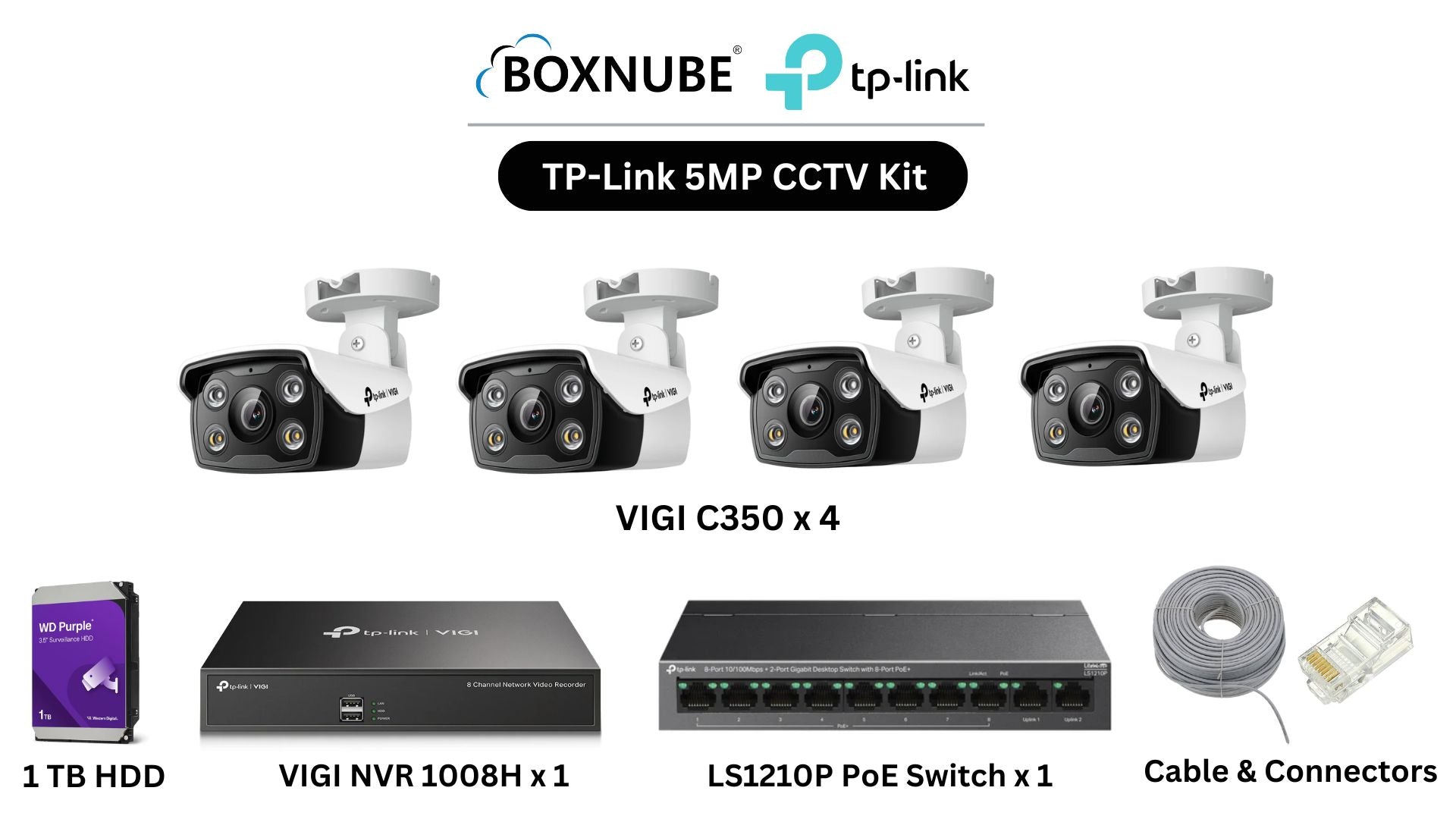 TP-Link VIGI 5MP Outdoor 4 Camera Kit Bundle | 4 x VIGI C350, 1 x 8 Channel NVR, 1 x 8+2 Port PoE Switch with 100M CAT6 Cable, RJ45 Connectors