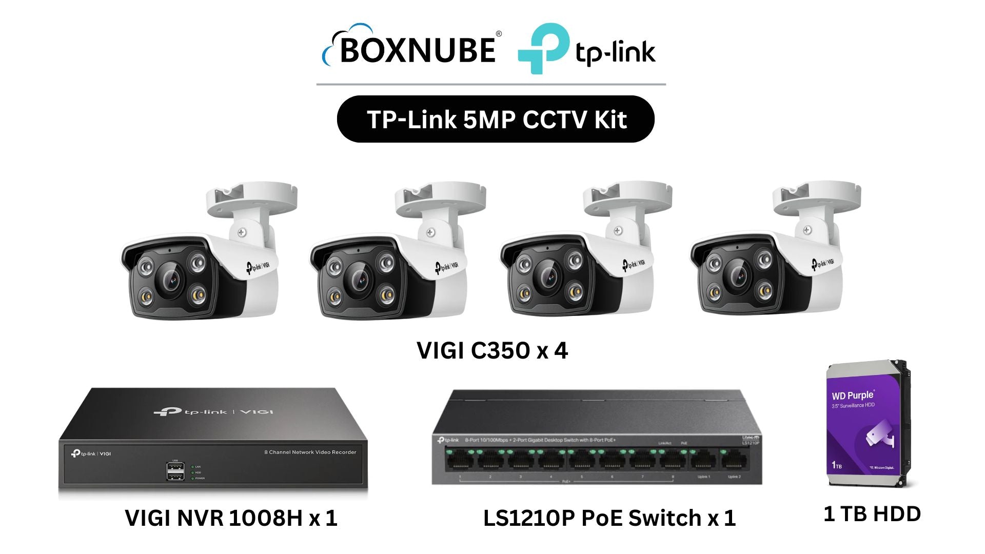 TP-Link VIGI 5MP Outdoor 4 Camera Kit Bundle | 4 x VIGI C350, 1 x 8 Channel NVR, 1 x 8+2 Port PoE Switch | With Brand Warranty