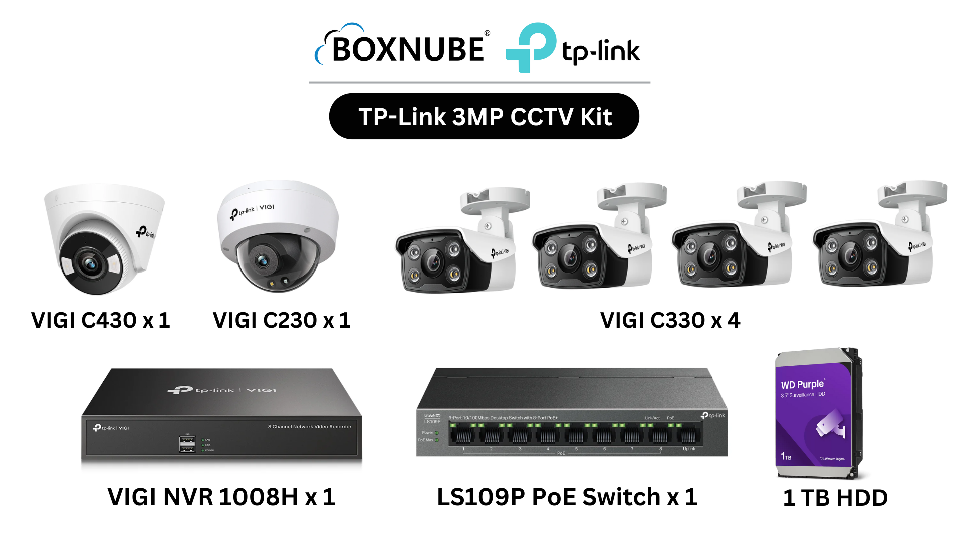 TP-Link VIGI 3MP Full HD 6 Camera Kit Bundle | 4 x VIGI C330 Bullet, 1 x VIGI C430 Turret, 1 x VIGI C230 Dome, 8 Channel NVR, 8 Port PoE Switch