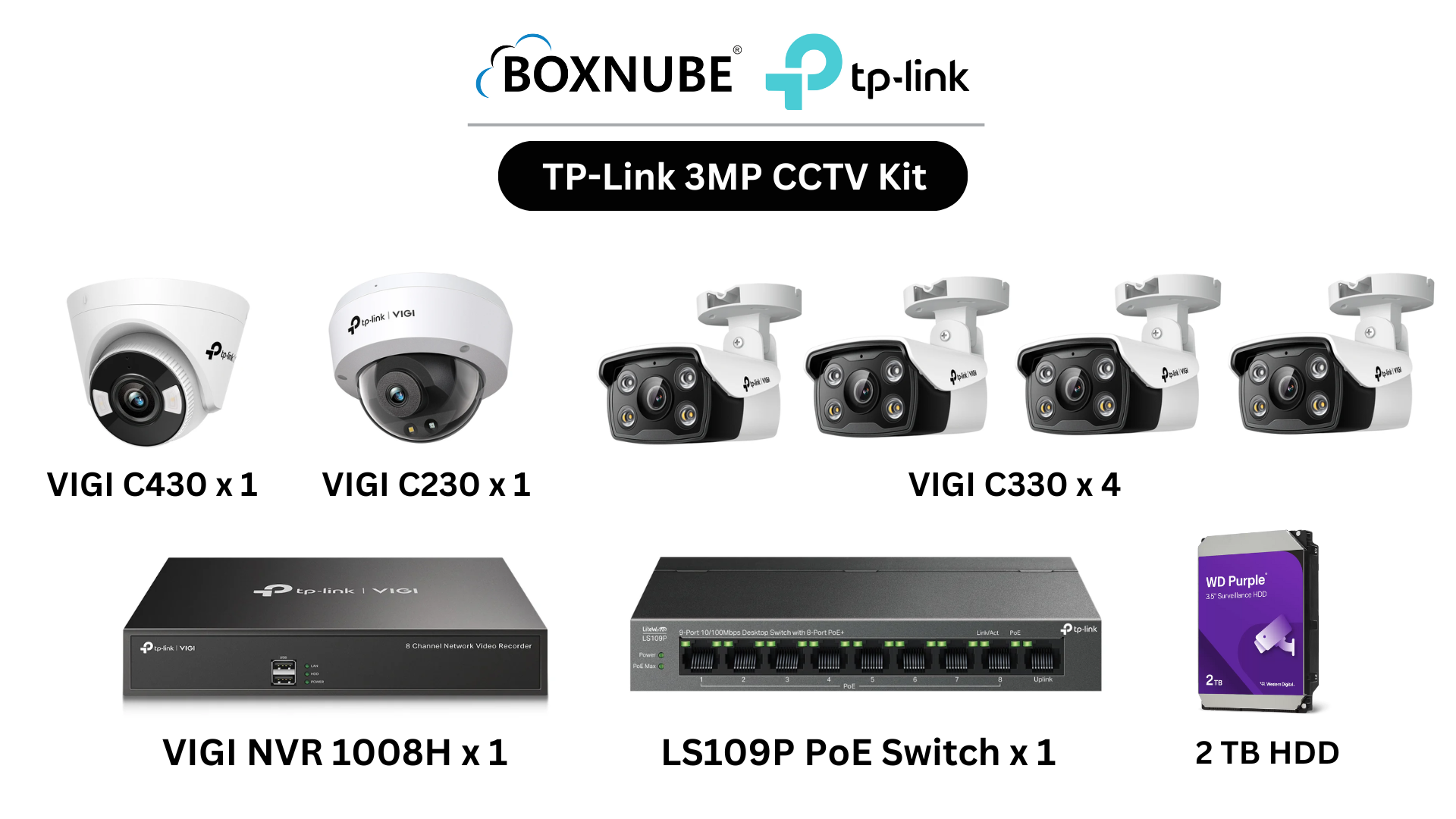 TP-Link VIGI 3MP Full HD 6 Camera Kit Bundle | 4 x VIGI C330 Bullet, 1 x VIGI C430 Turret, 1 x VIGI C230 Dome, 8 Channel NVR, 8 Port PoE Switch