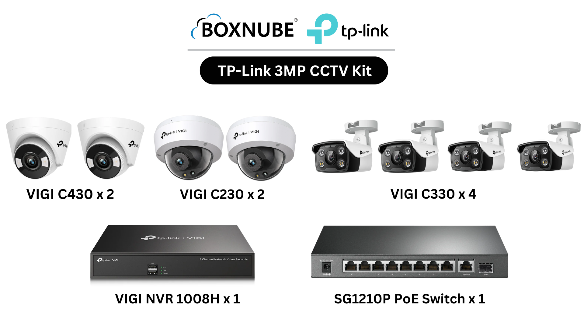 TP-Link VIGI 3MP Full HD 8 Camera Kit Bundle | 4x C330 Bullet, 2x C430 Turret, 2x C230 Dome, 8 Channel NVR, 8 Port Gigabit PoE Switch