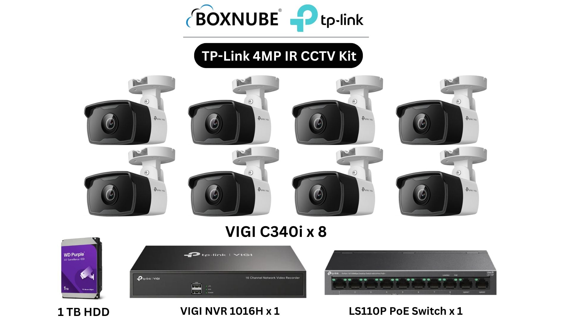 TP-Link VIGI 4MP IR Full HD 8 Camera Kit Bundle | 8 x VIGI C340i, 1 x 16 Channel NVR, 1 x 8+2 Port PoE Switch | Ideal for homes, shops, small offices