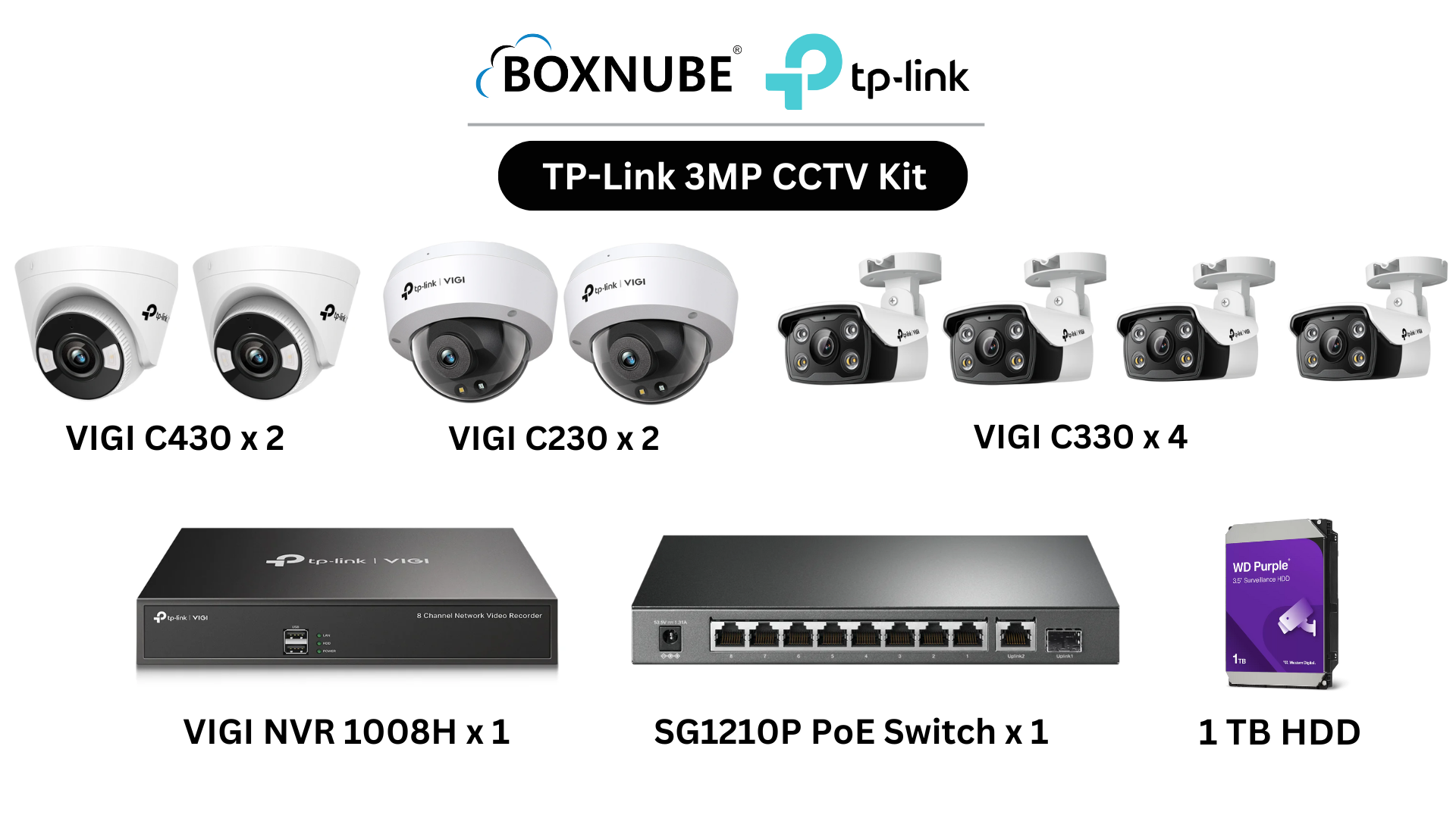 TP-Link VIGI 3MP Full HD 8 Camera Kit Bundle | 4x C330 Bullet, 2x C430 Turret, 2x C230 Dome, 8 Channel NVR, 8 Port Gigabit PoE Switch