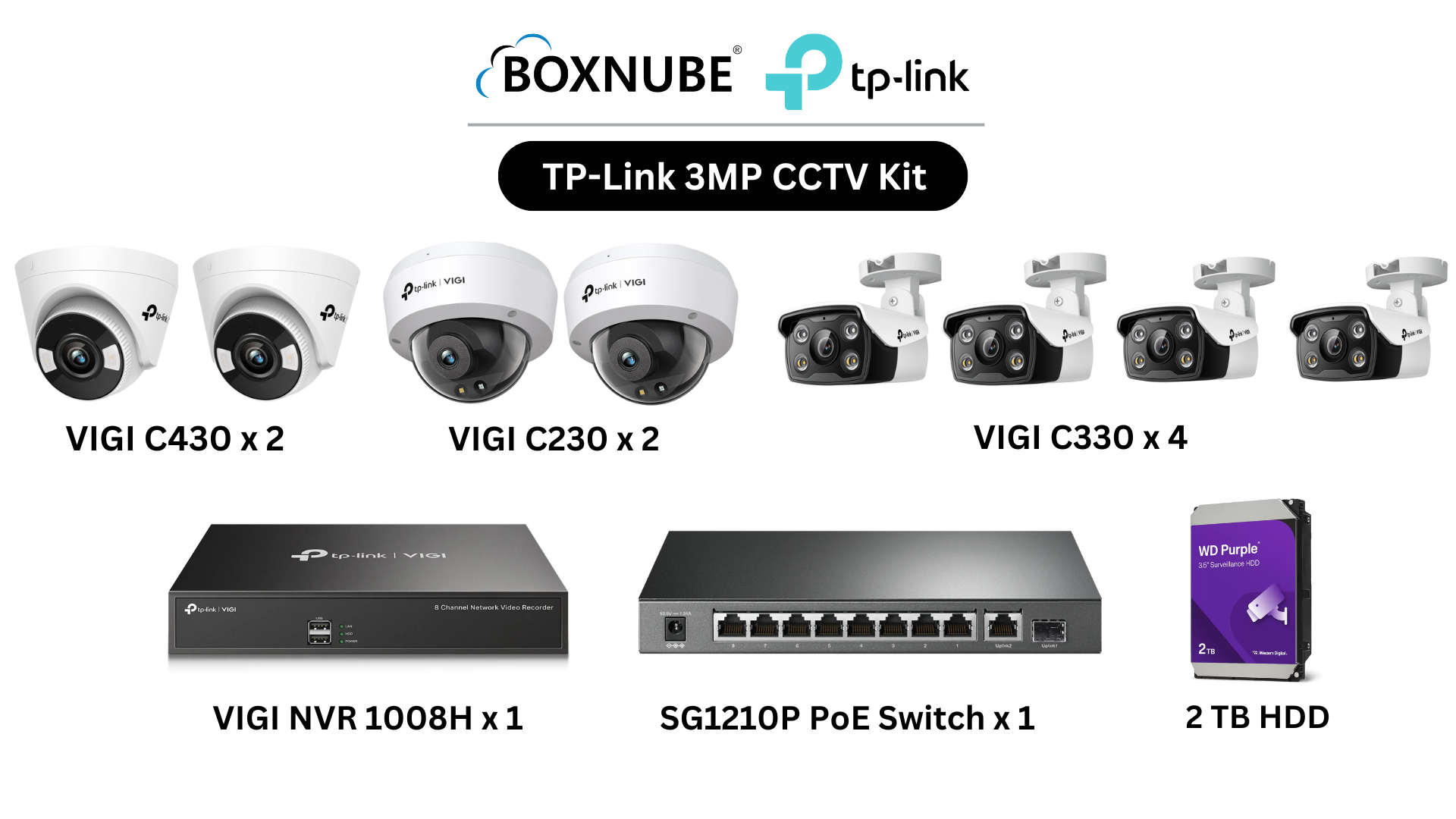 TP-Link VIGI 3MP Full HD 8 Camera Kit Bundle | 4x C330 Bullet, 2x C430 Turret, 2x C230 Dome, 8 Channel NVR, 8 Port Gigabit PoE Switch