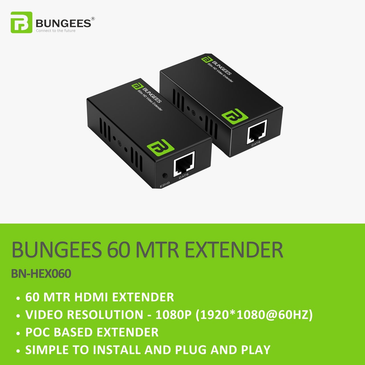 Bungees 60M HDMI Extender over Cat6, BN-HEX060, Full HD 1080p@60Hz HDMI Extender, POC Supported, Plug & Play HDMI Extension