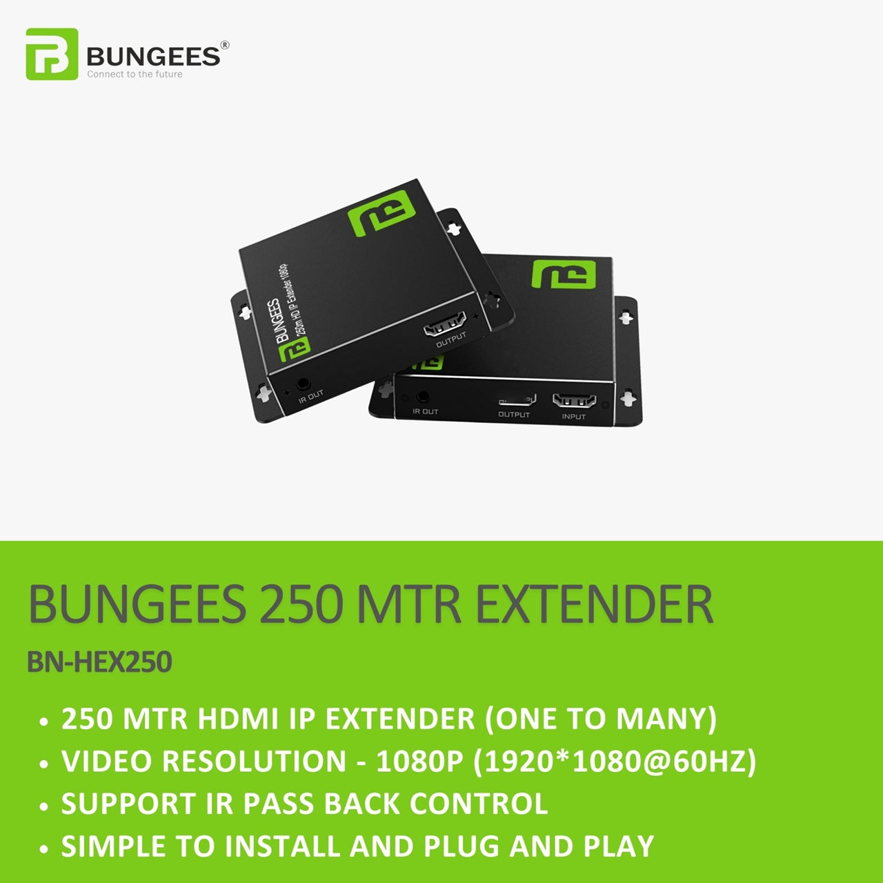 Bungees 250M HDMI IP Extender with Loop & IR, BN-HEX250, Full HD 1080p@60Hz, One-to-Many HDMI Extender over Cat6, Long Distance HDMI Distribution