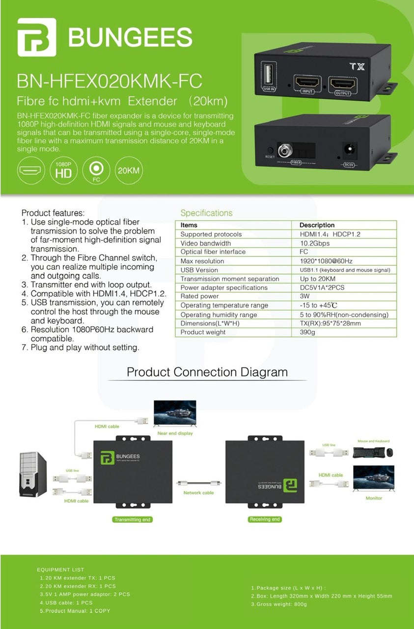 Bungees 20KM HDMI KVM Extender over Fiber FC, BN-HFEX020KMK-FC, 1080p@60Hz HDMI Extender, USB KVM Control, Single Mode Fiber, HDMI 1.4, HDCP 1.2
