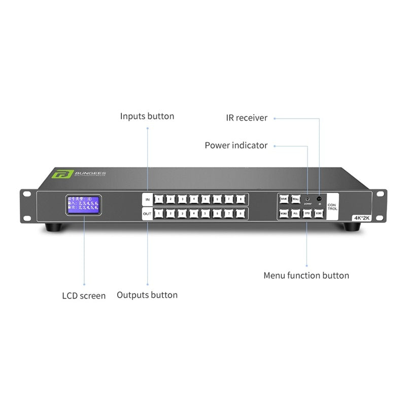 Bungees 8x8 HDMI Matrix Switch 4K@30Hz, BN-HMS0808-4K, 8 Input 8 Output HDMI Matrix Switcher, IR & Front Panel Control, Rack Mount AV Matrix