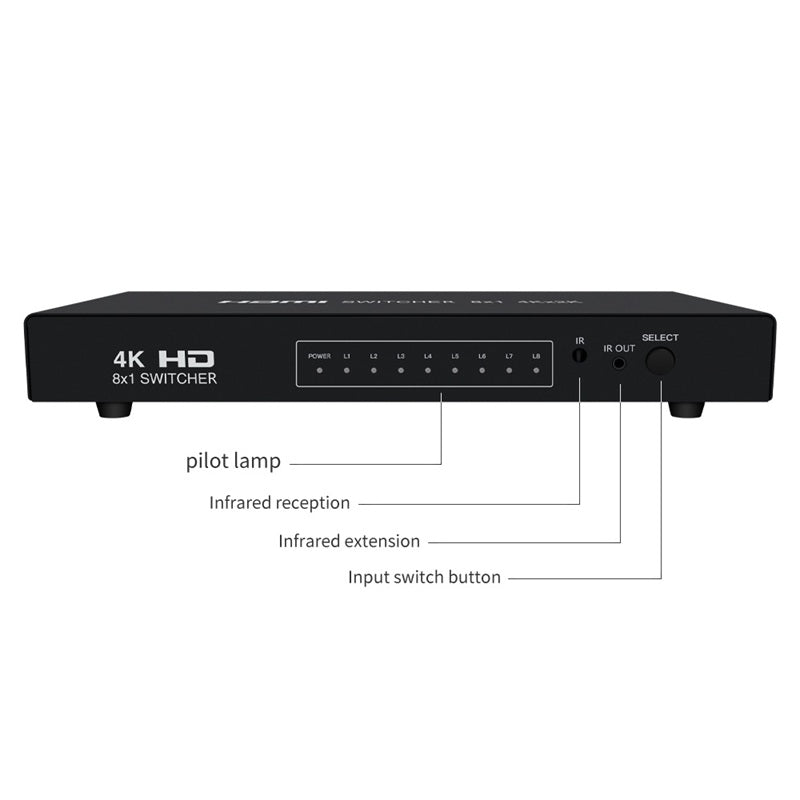 Bungees 4K HDMI Switch 8 Input 1 Output with Timer, BN-HS801 HDMI Selector, Ultra HD 4K@30Hz, 8 Port HDMI Switcher with Remote for TV, PS5, Xbox, Laptop