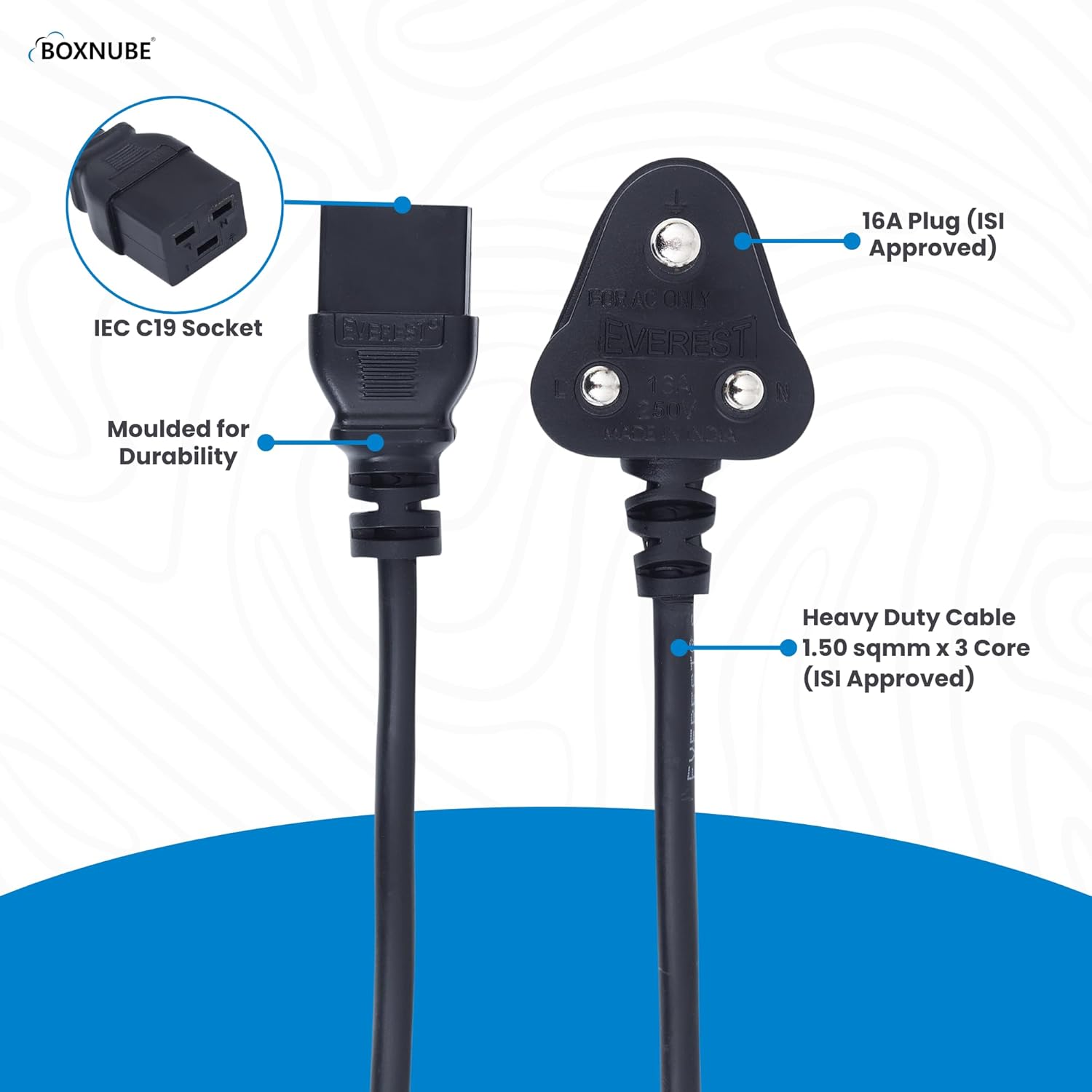 BOXNUBE 16A 250v ISI Mark Server Power Cord Heavy Duty 3 Pin Power Plug for Server, Computers BIS Approved 1.5M
