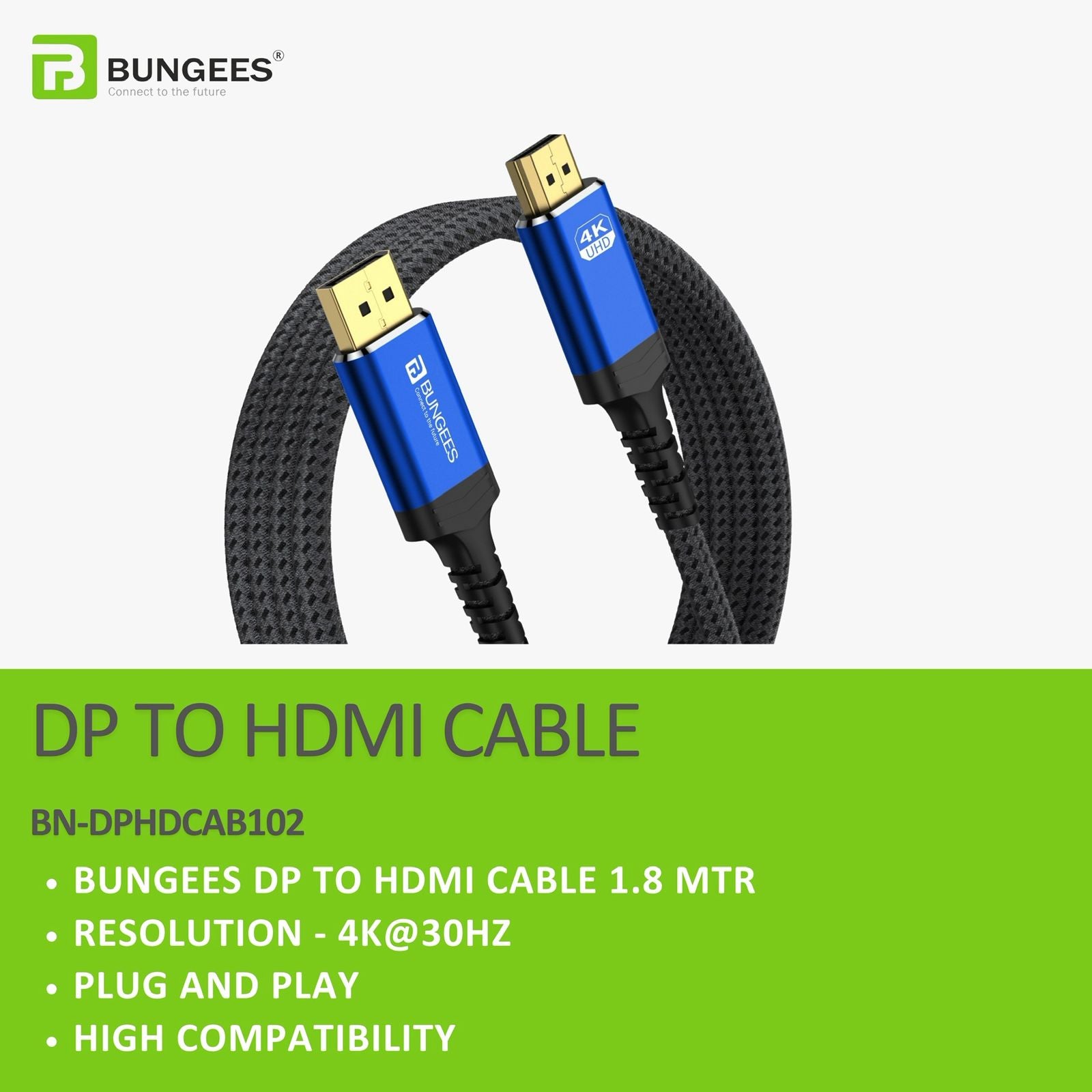 BUNGEES DisplayPort to HDMI 4K Cable | DP to HDTV Cable | 4K@60Hz Ultra HD | Nylon Braided | Aluminium Alloy | 1.8 Meter