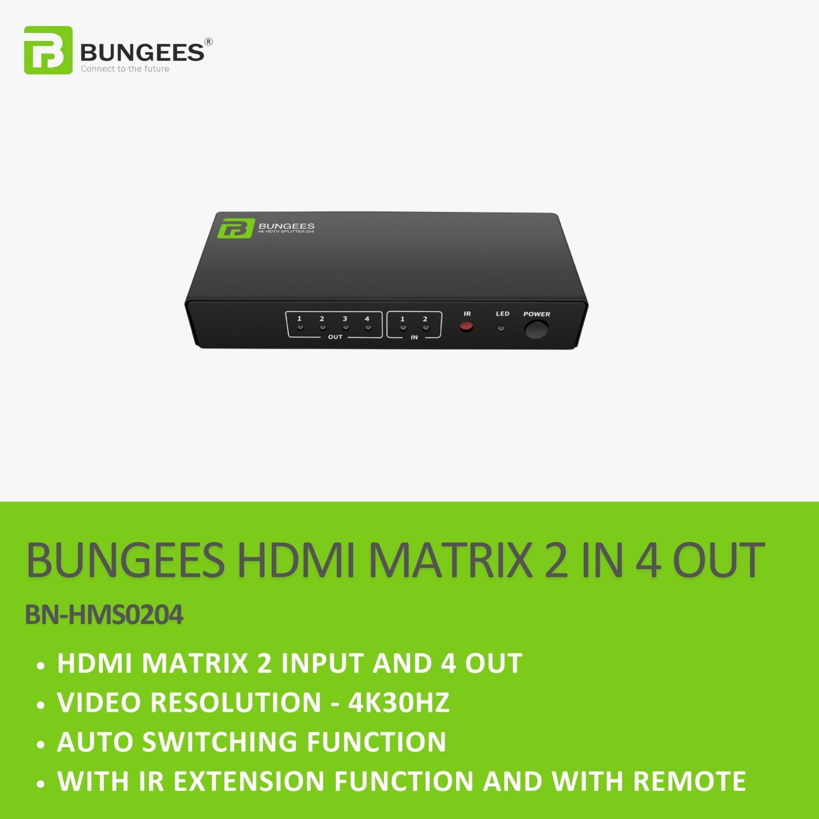 BUNGEES HDMI Matrix Switch 2 In 4 Out, 4K @30Hz with Auto Switching, IR Extension & Remote Control for TV, Projector, Video Wall & Conference Rooms