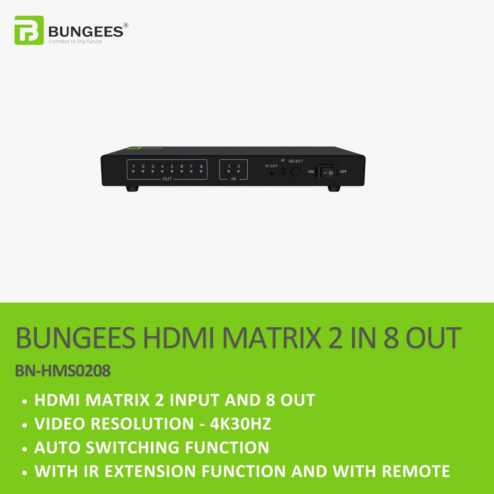BUNGEES HDMI Matrix Switch 2 In 8 Out, 4K @30Hz with Auto Switching, IR Extension & Remote Control for TV, Projector, Video Wall & Conference Rooms