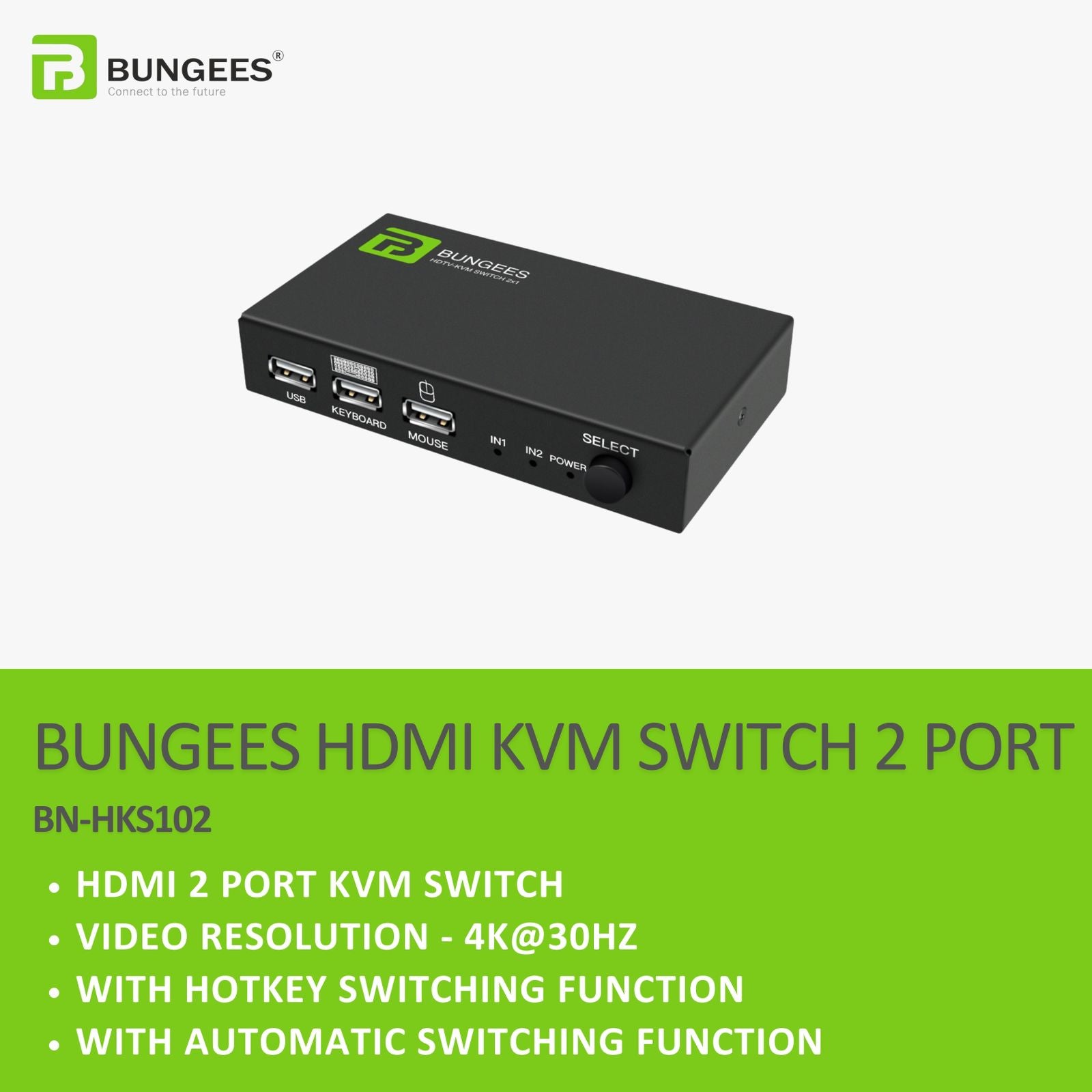 BUNGEES HDMI KVM Switch 2 Port | 4K@60Hz HDMI KVM Switcher with USB Keyboard & Mouse Sharing | Hotkey & Auto Switching | Model BN-HKS102