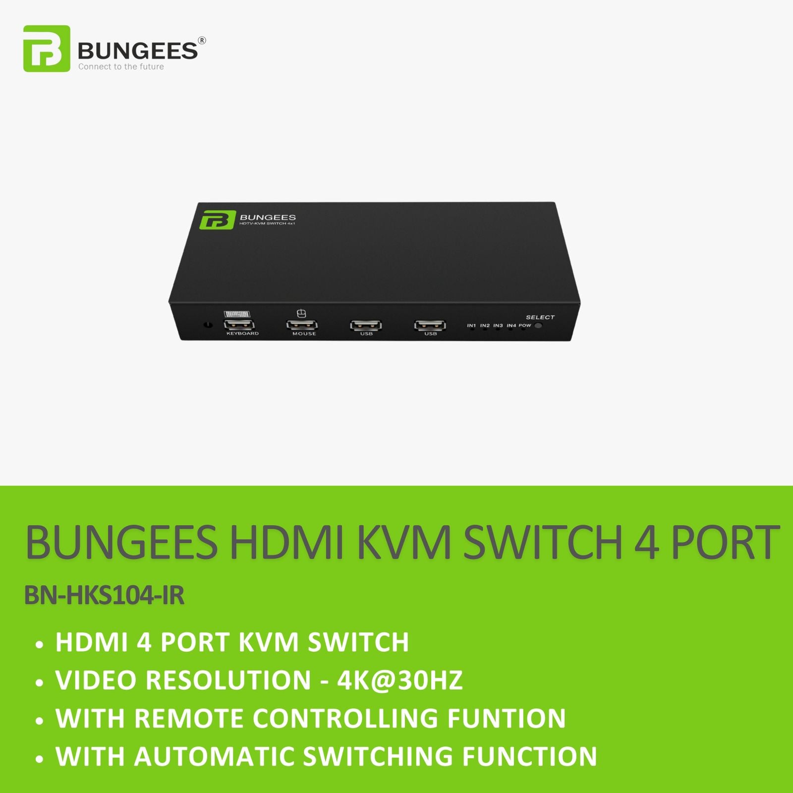 BUNGEES HDMI KVM Switch 4 Port | 4K@30Hz HDMI KVM Switcher with USB Keyboard & Mouse Sharing | IR Remote & Auto Switching | Model BN-HKS104-IR