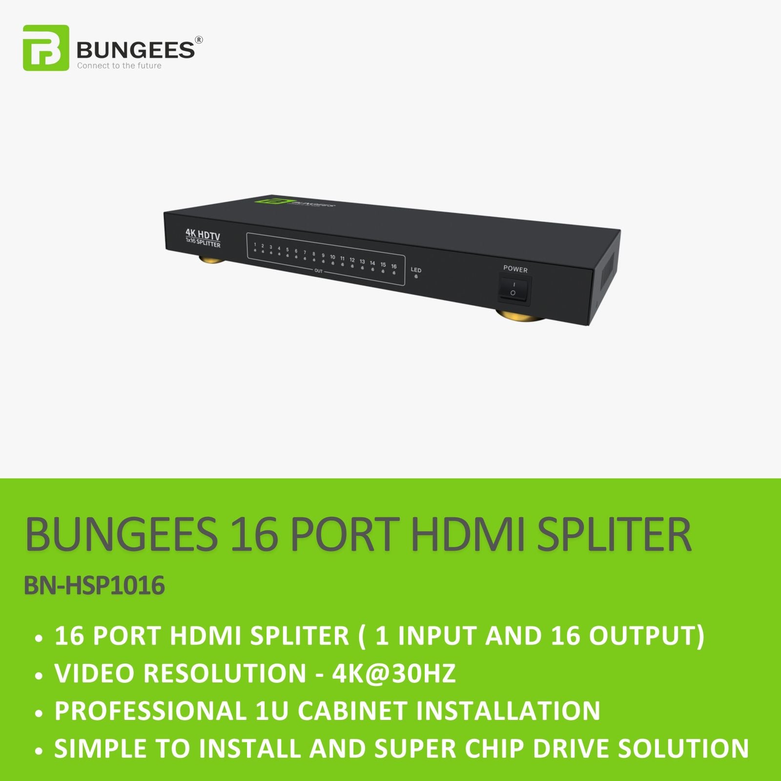 BUNGEES 16 Port HDMI Splitter 1 In 16 Out, 4K @30Hz HDMI Distribution Amplifier, Rack Mount 1U for TV, Projector, CCTV, Conference Rooms (BN-HSP1016)