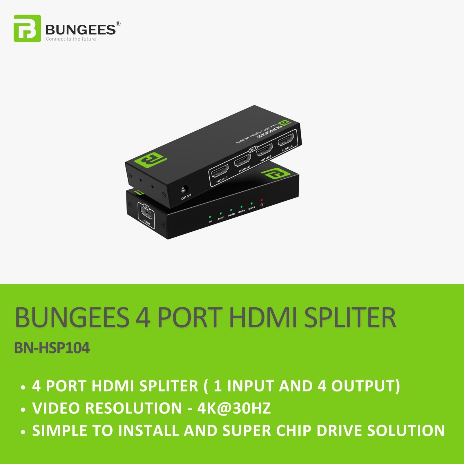 BUNGEES 4 Port HDMI Splitter 1 In 4 Out, Supports 4K @30Hz, HDMI Signal Amplifier for TV, Monitor, Projector, CCTV, Set-Top Box (BN-HSP104)