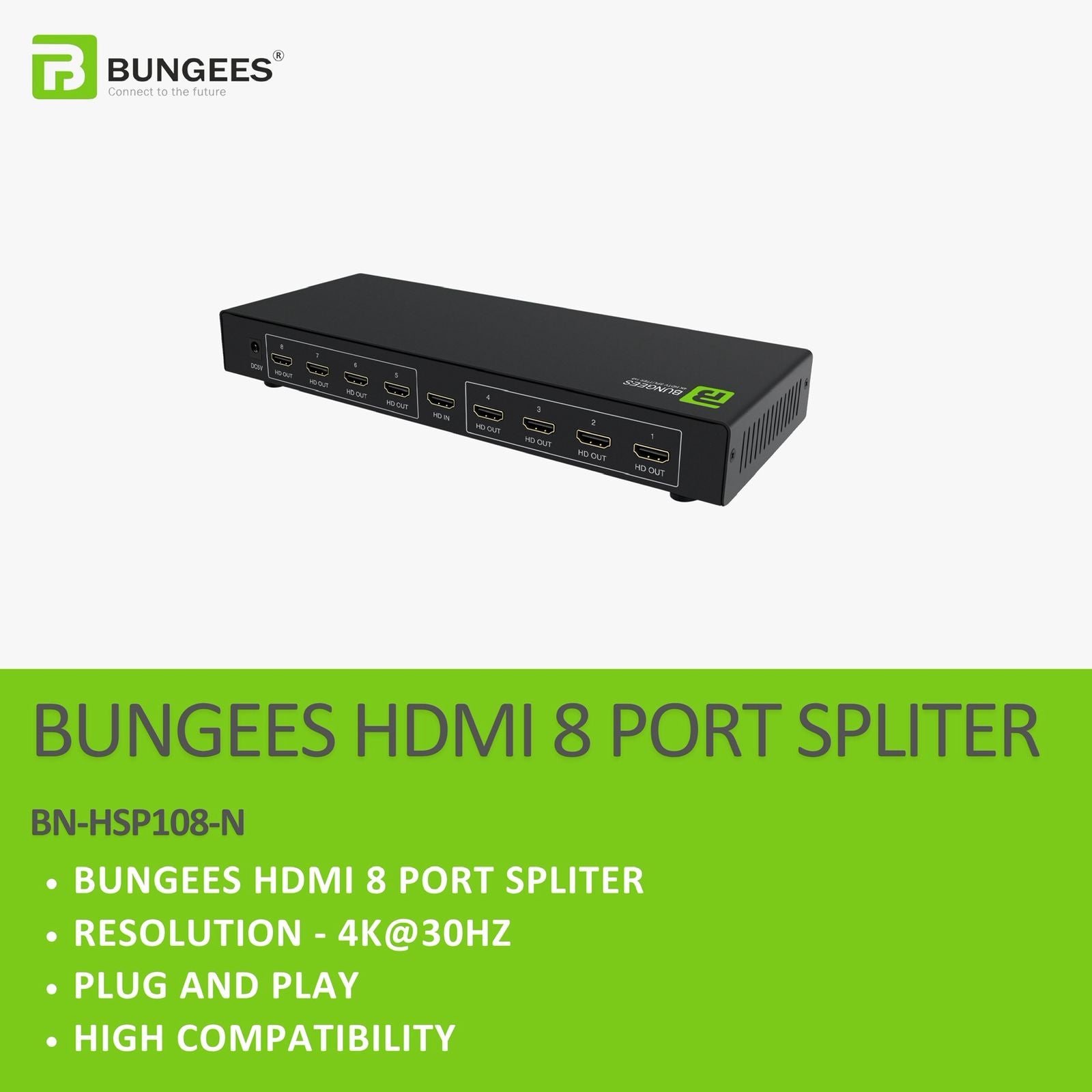 BUNGEES 8 Port HDMI Splitter 1 In 8 Out, Supports 4K @30Hz, HDMI Signal Amplifier for TV, Monitor, Projector, CCTV, Set-Top Box (BN-HSP108)