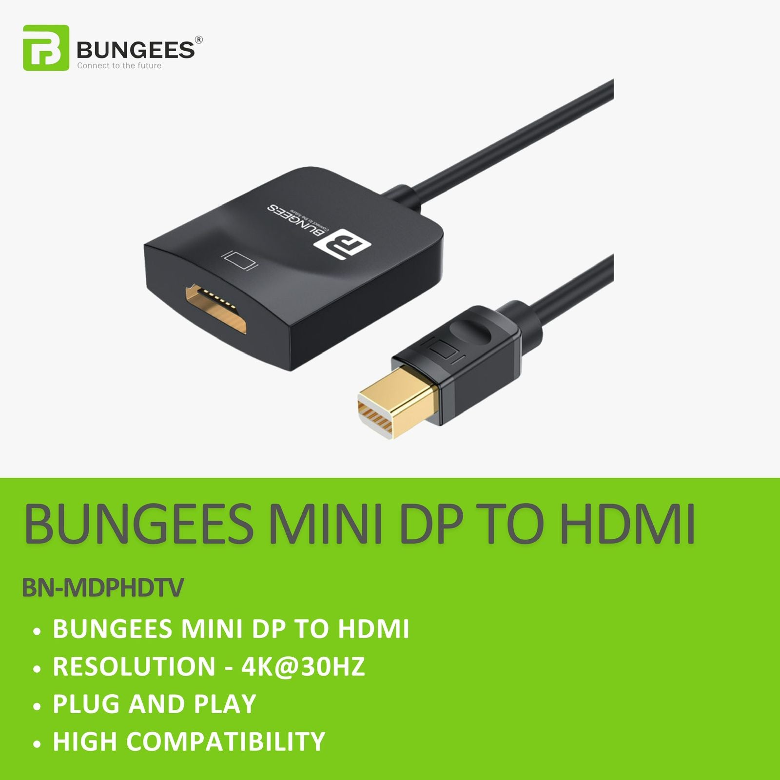 BUNGEES Mini DisplayPort to HDMI 4K Converter | Mini DP to HDTV Adapter | 4K@30Hz | Plug & Play | Compatible with Laptop, PC, Monitor & Projector