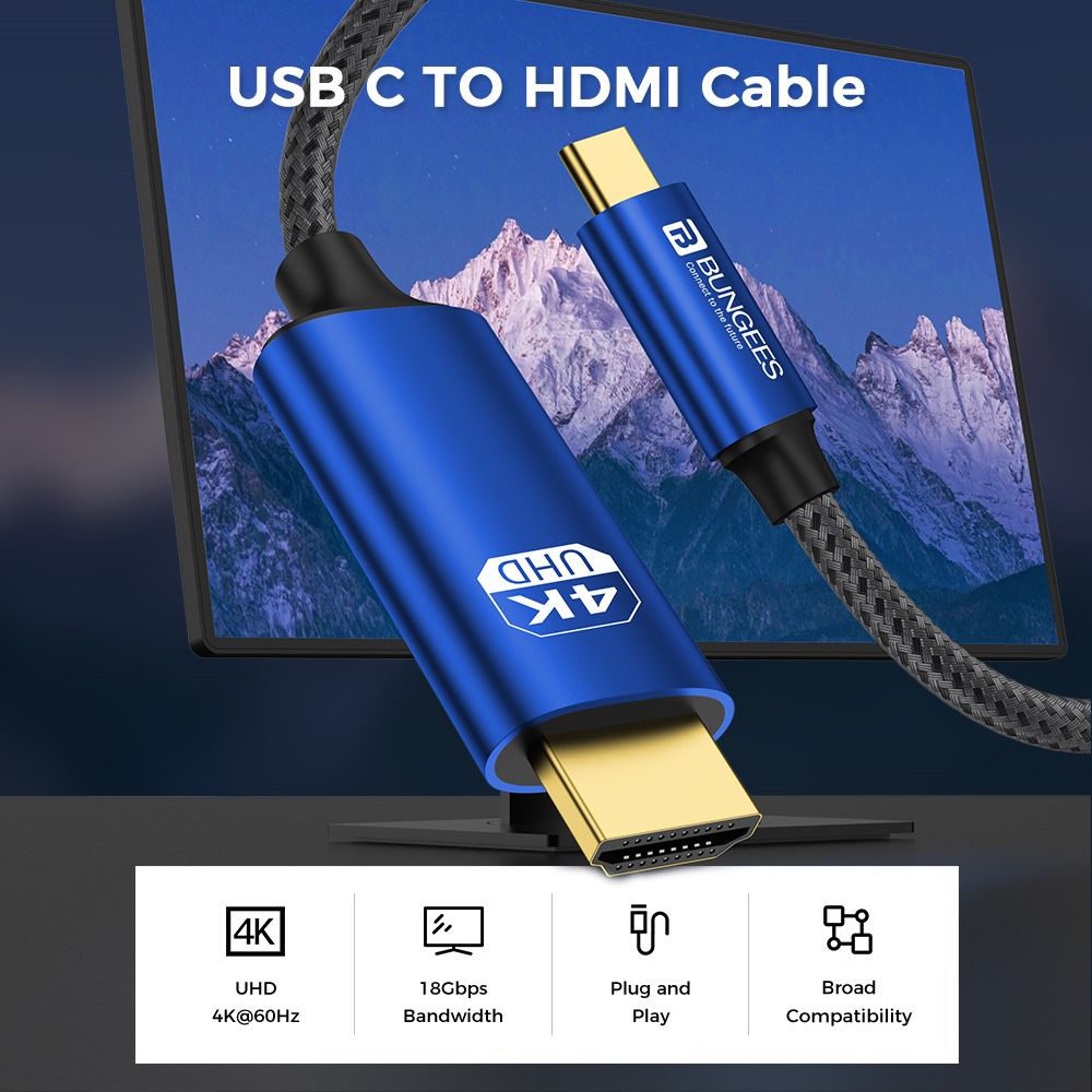 BUNGEES USB Type-C to HDMI 4K Cable | 4K@60Hz Ultra HD | 18Gbps Bandwidth | Nylon Braided | Aluminium Alloy | 1.8 Meter