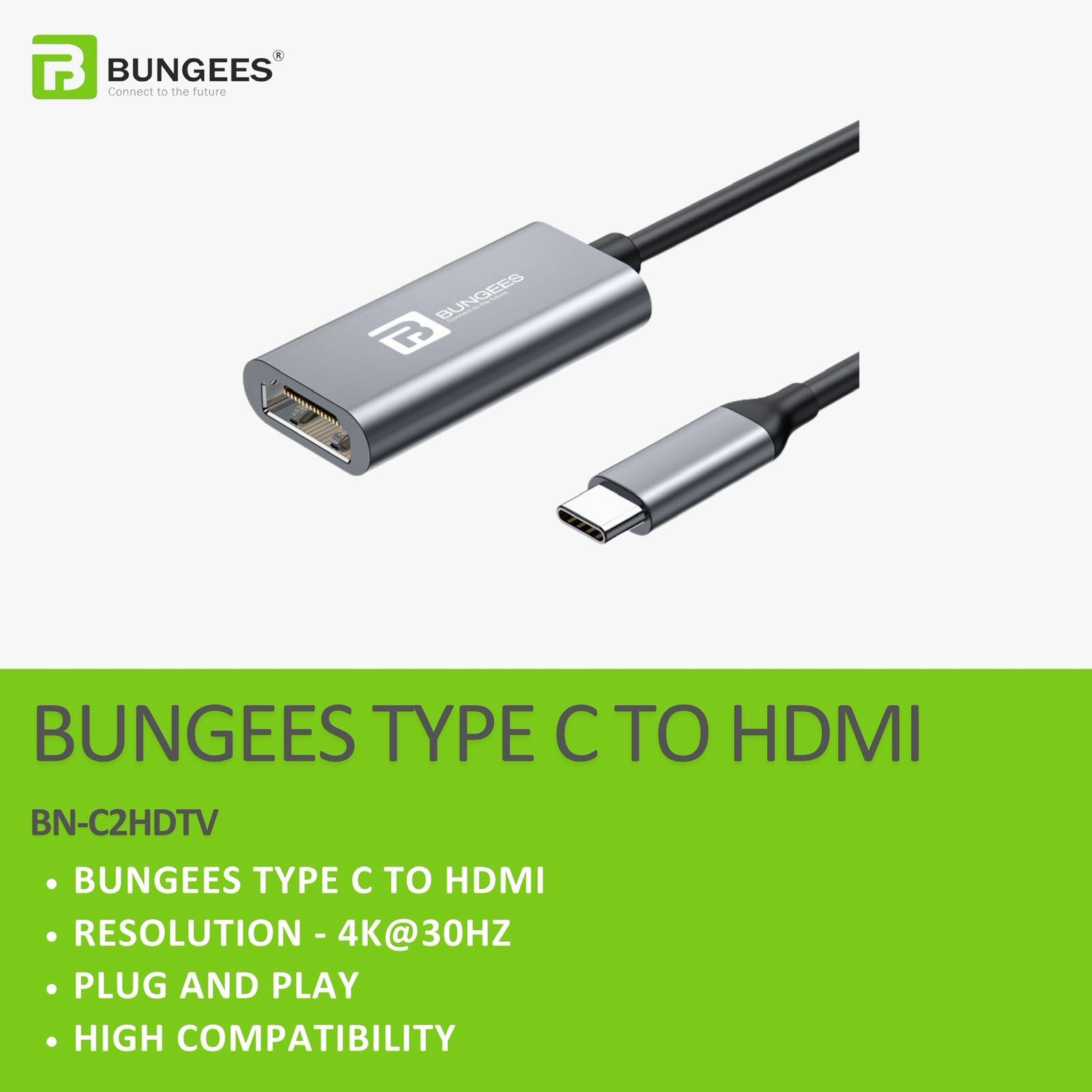 BUNGEES USB Type-C to HDMI 4K Converter | Type-C to HDTV Adapter | 4K@30Hz | Plug & Play | Compatible with MacBook, Laptop, Tablet & Smartphone