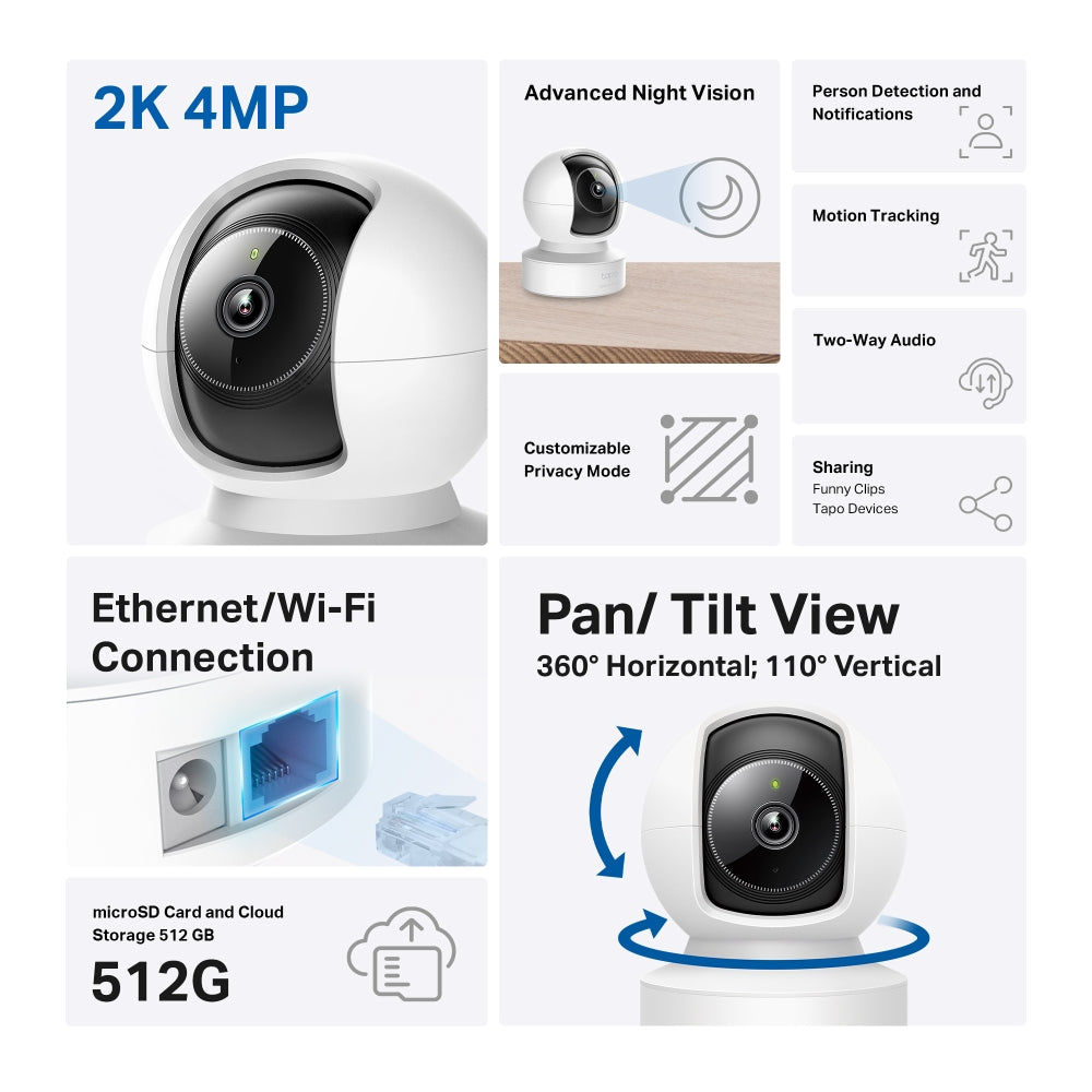 TP-Link Tapo C222 2K 4MP Pan/Tilt Home Security Wi-Fi Camera with Lan Port CCTV | Two-Way Audio, Motion Detection, Advanced Night Vision