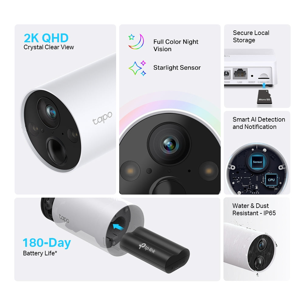 TP-Link Tapo C420S2 2K QHD Smart Wire-Free Security Camera System, 2-Camera System | 180-Day Battery Life | Full-Color Night Vision | Two-Way Audio | IP65 Water & Dust Resistant