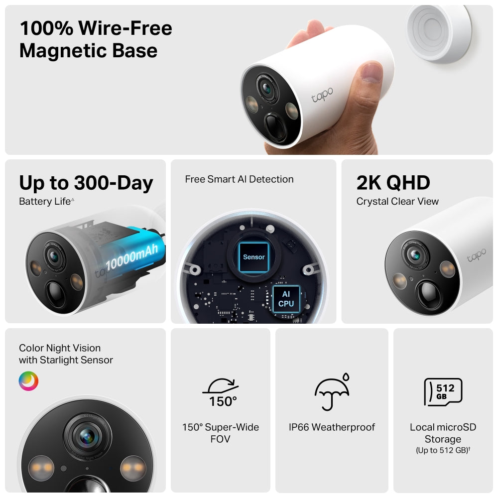 TP-Link Tapo C425 Battery Powered WiFi Camera | Starlight, 2K QHD, Smart AI, Wireless | IP66 Dust & Water Resistant